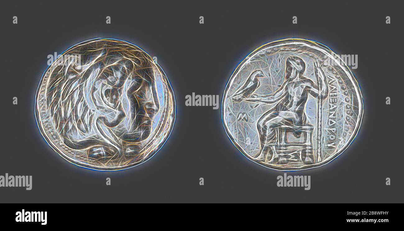 Tetradrachm (Coin) Portraying Alexander the Great, 336/323 BC, Greek, minted in Sidon, ancient Phoenicia, Syria, Silver, Diam. 2.8 cm, 17.15 g, Reimagined by Gibon, design of warm cheerful glowing of brightness and light rays radiance. Classic art reinvented with a modern twist. Photography inspired by futurism, embracing dynamic energy of modern technology, movement, speed and revolutionize culture. Stock Photo