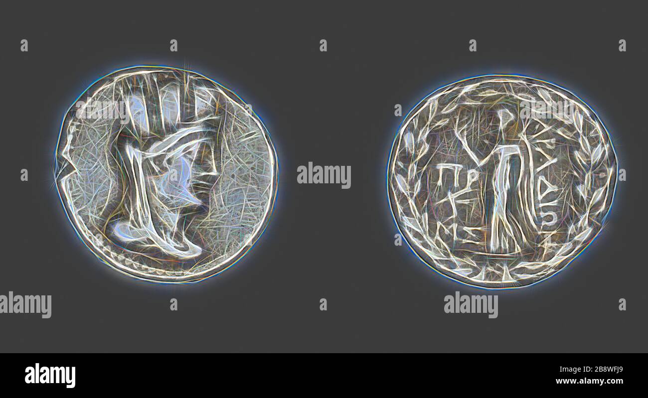 Tetradrachm (Coin) Depicting the Goddess Tyche, 80/79 BC, Greco-Roman, Arados, Phoenicia, Aradus, Silver, Diam. 2.8 cm, 13.49 g, Reimagined by Gibon, design of warm cheerful glowing of brightness and light rays radiance. Classic art reinvented with a modern twist. Photography inspired by futurism, embracing dynamic energy of modern technology, movement, speed and revolutionize culture. Stock Photo