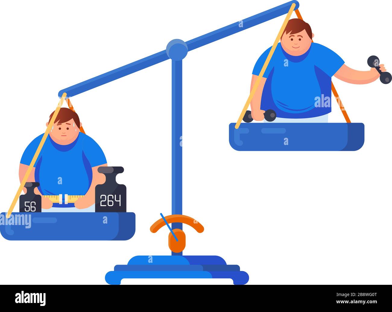 Obesity concept. Balance scales with a fat man measures his waist and a man goes in for sports, holds dumbbells in his hands isolated on a white background Stock Vector