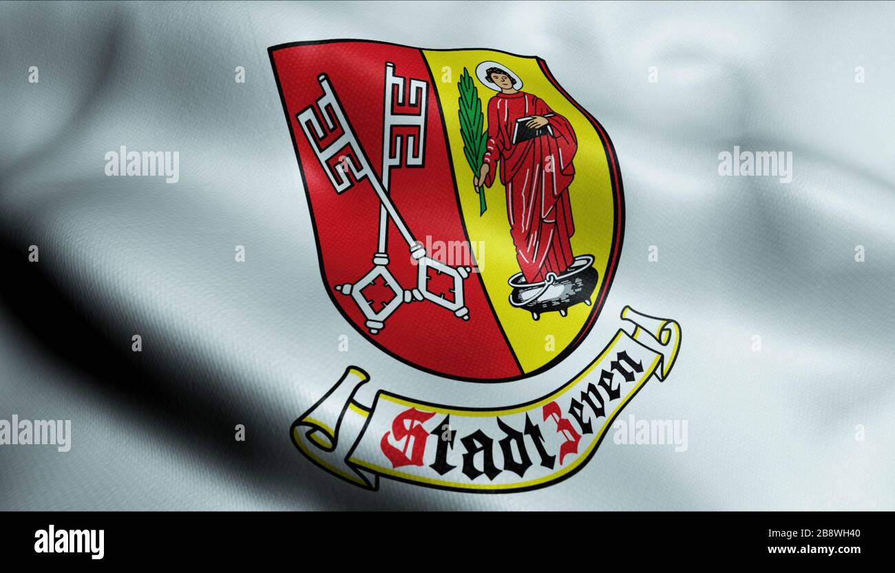 3D Illustration of a waving coat of arms flag of Zeven (Germany country