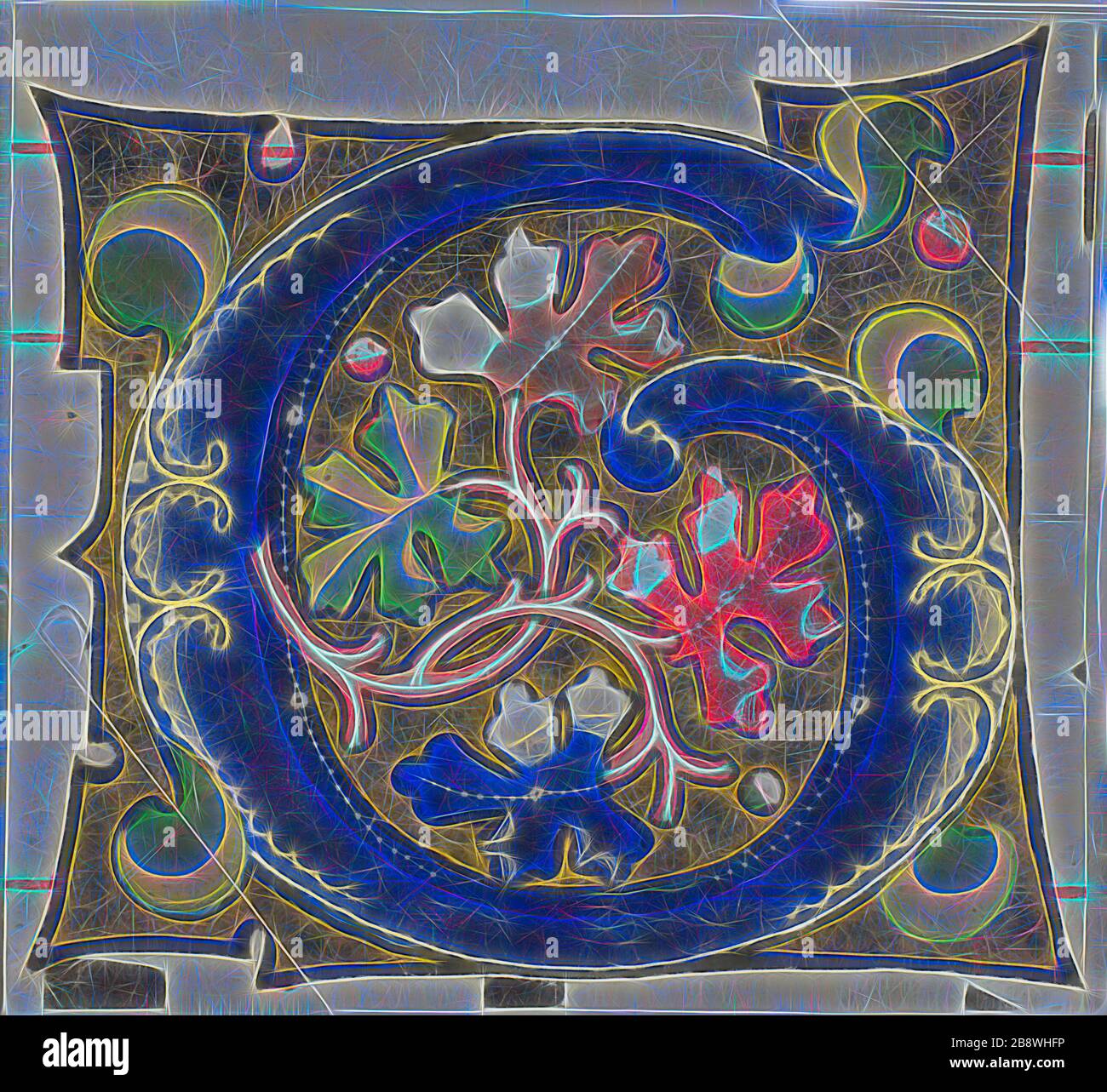 Decorated Initial G with Flowers from a Choir Book, 14th century or modern, c. 1920, European, Europe, Manuscript cutting in tempera and gold leaf on vellum, 68 × 73 mm, Reimagined by Gibon, design of warm cheerful glowing of brightness and light rays radiance. Classic art reinvented with a modern twist. Photography inspired by futurism, embracing dynamic energy of modern technology, movement, speed and revolutionize culture. Stock Photo