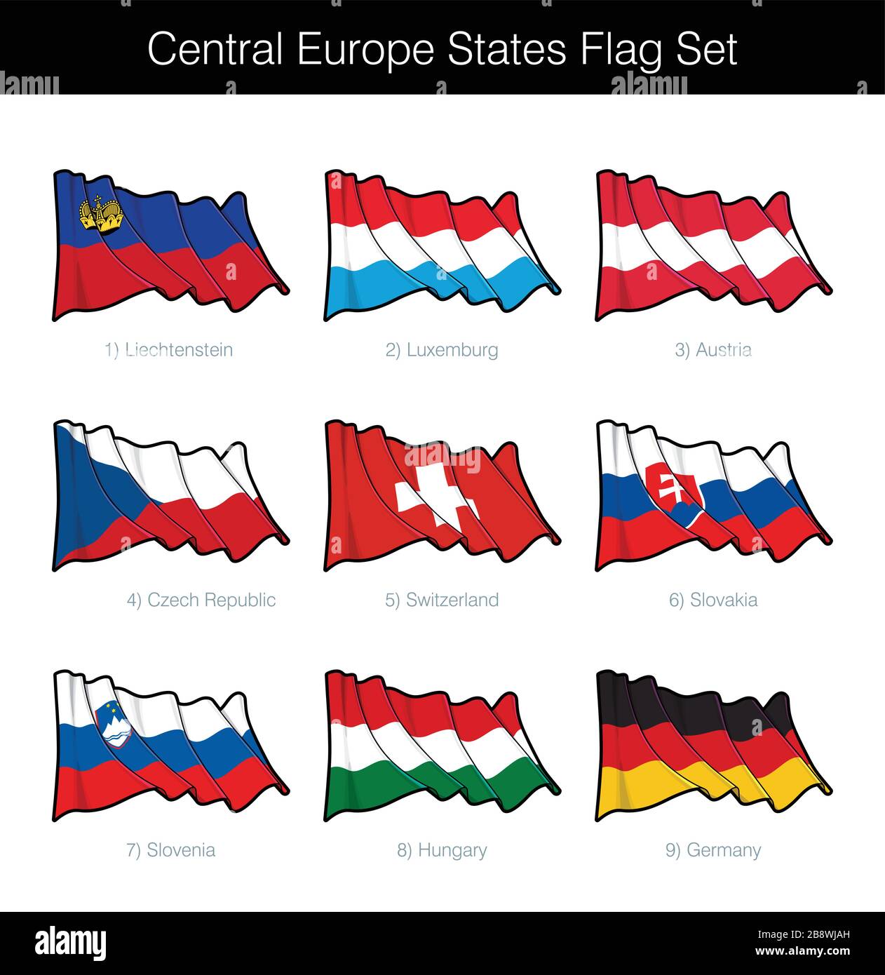 Central Europe States Waving Flag Set. The set includes the flags of Liechtenstein, Luxemburg, Austria, Czechia, Switzerland, Slovakia, Slovenia, Hung Stock Vector