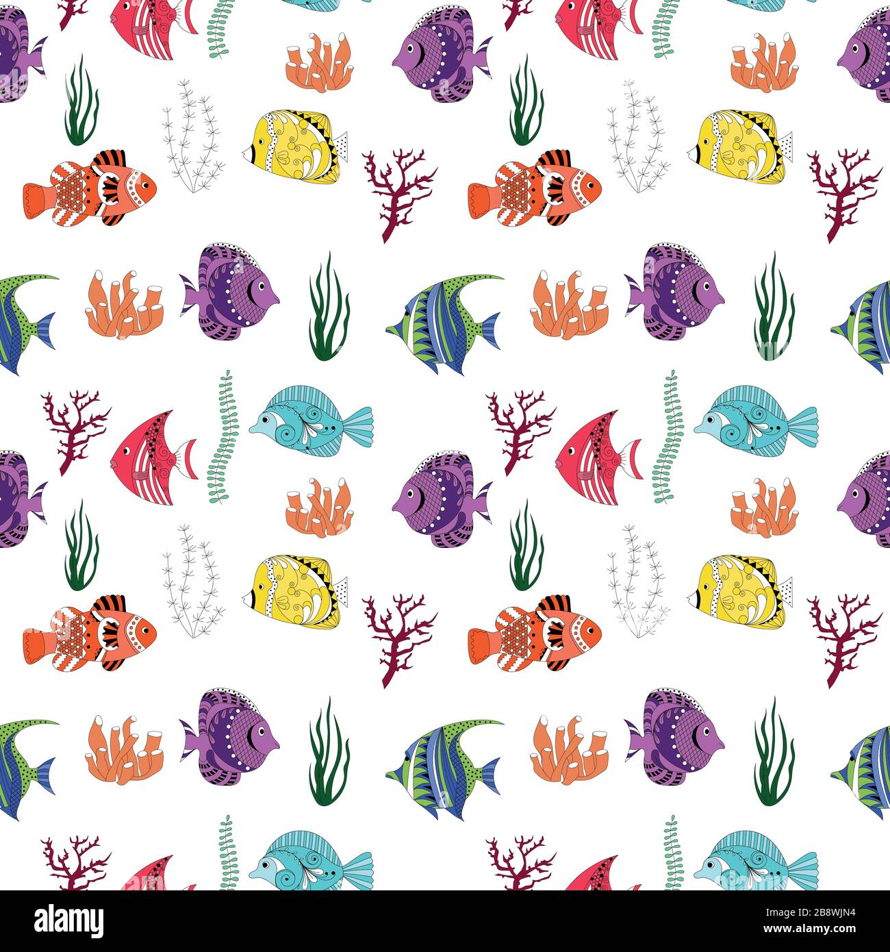 seamless pattern colored tropical Fish on white background, ornamental graphic fish, floral line pattern. Vector. concept for restaurant menu card. Stock Vector