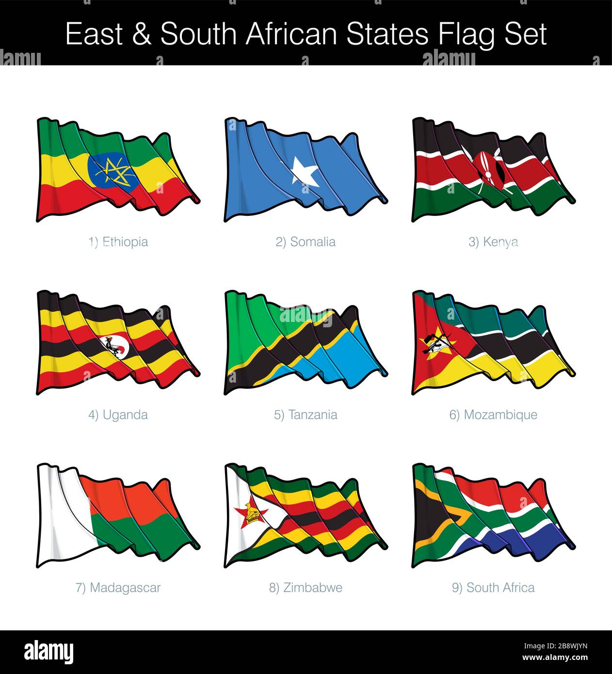 East and South African States Waving Flag Set. The set includes the flags of Ethiopia, Somalia, Kenya, Uganda, Tanzania, Mozambique, Madagascar, Zimba Stock Vector