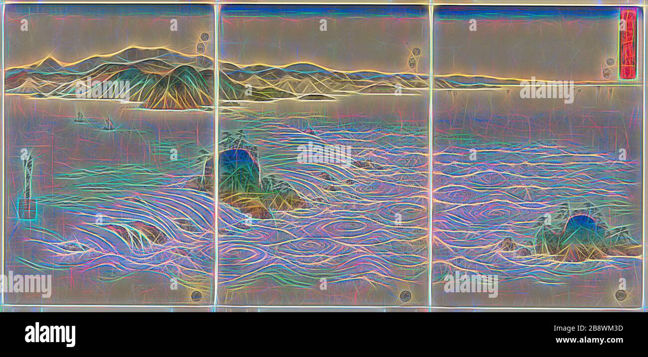 The Whirlpools in Naruto Strait, Awa Province (Awa Naruto no fukei), 1857, Utagawa Hiroshige ?? ??, Japanese, 1797–1858, Japan, Color woodblock prints, oban triptych, Each sheet: 36.1 x 25.1 cm (14 3/16 x 9 7/8in.), Reimagined by Gibon, design of warm cheerful glowing of brightness and light rays radiance. Classic art reinvented with a modern twist. Photography inspired by futurism, embracing dynamic energy of modern technology, movement, speed and revolutionize culture. Stock Photo