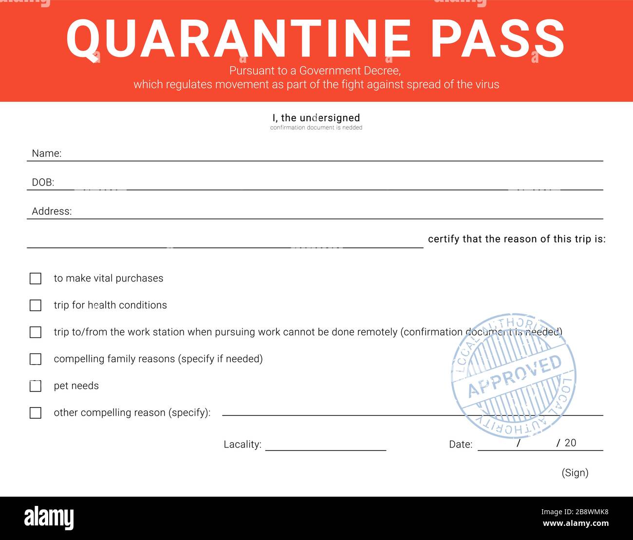 Personal admission form during the quarantine restriction measures Stock Vector