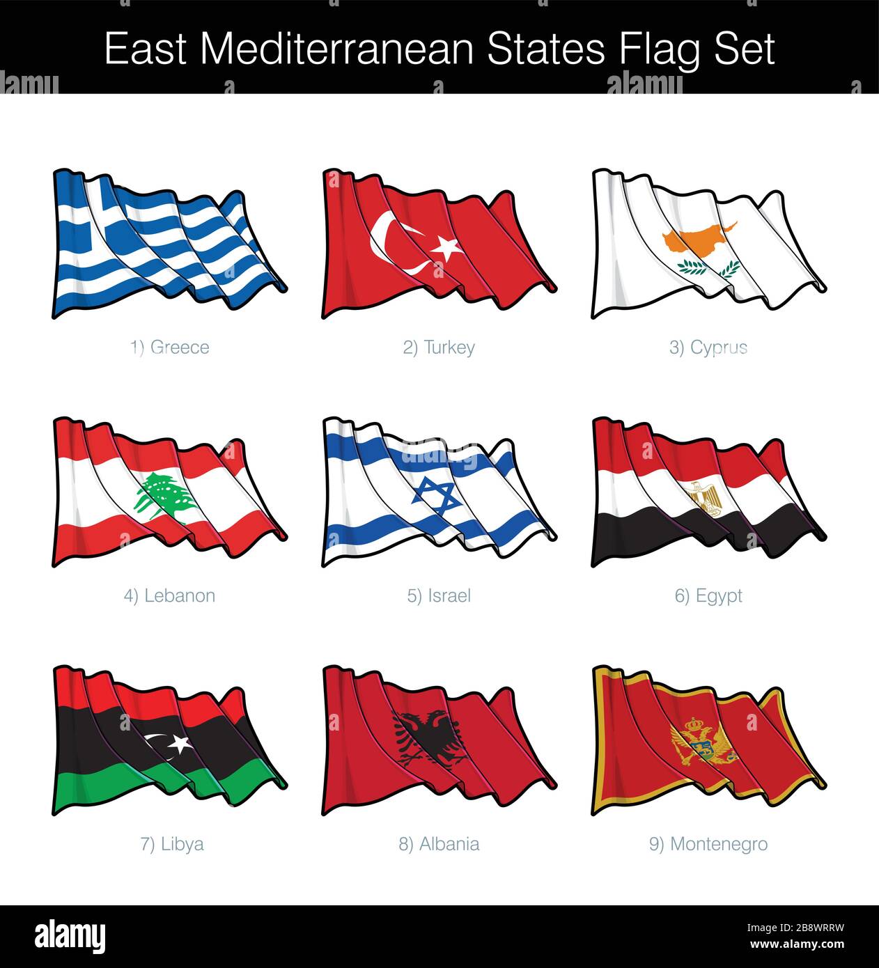 East Mediterranean States Waving Flag Set. The set includes the flags of Greece, Turkey, Cyprus, Lebanon, Israel, Egypt, Libya, Albania and Montenegro Stock Vector
