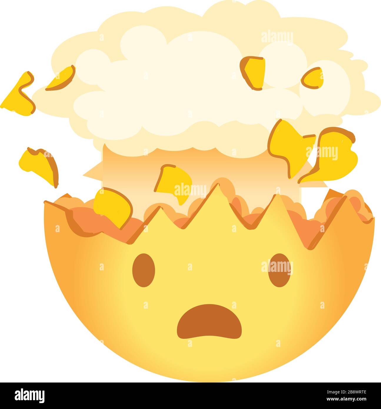 Shocked emoji. Exploding head emoticon. A yellow face with an open mouth and the top of its head exploding in the shape of a brain-like mushroom cloud Stock Photo