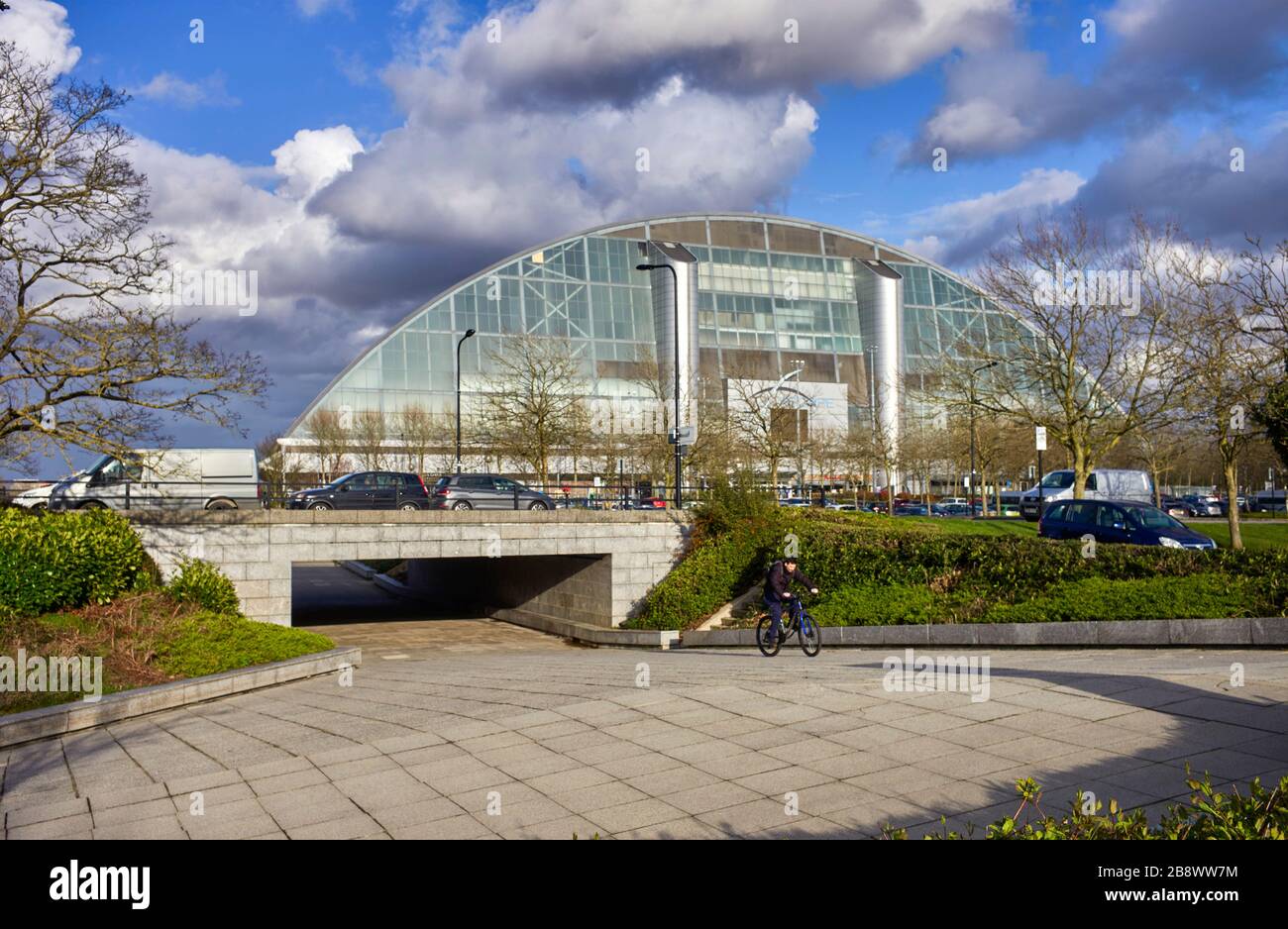 The Xscape shopping mall viewed from one of the many path and cycleways in Central Milton Keynes, Buckinghamshire Stock Photo