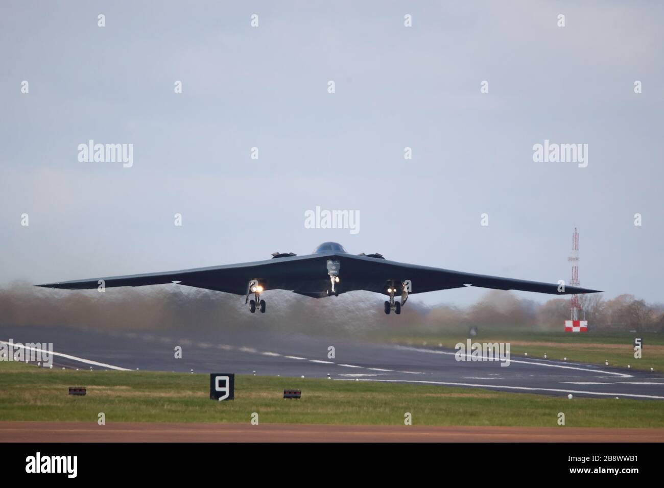 Northrop Grumman B-2 Spirit stealth bomber leaving for the USA after exercises in Europe, RAF Fairford, UK Stock Photo