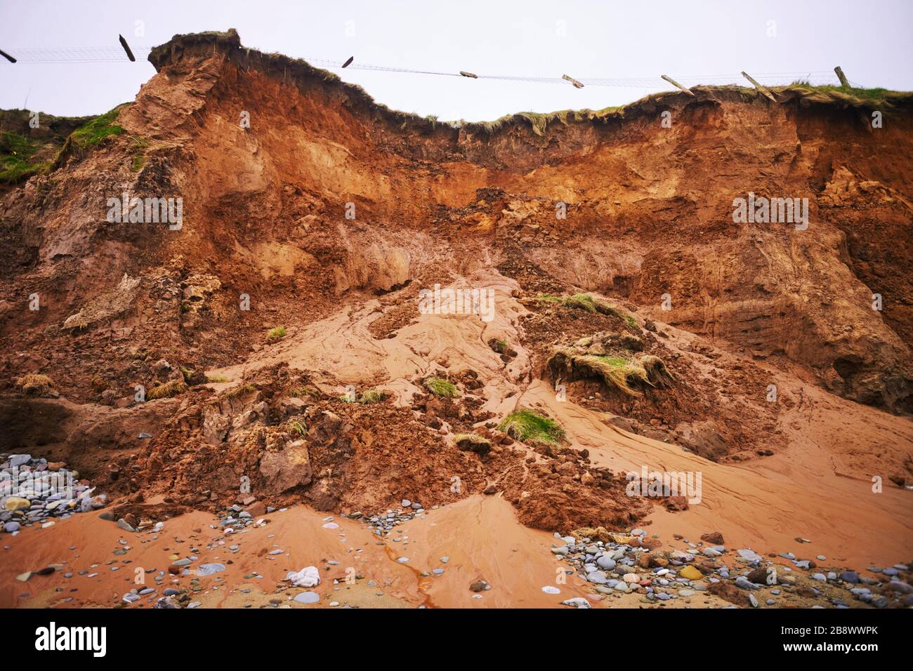 Sand cliffs at Cranstal beach, Isle of Man showing erosion and land slippage Stock Photo