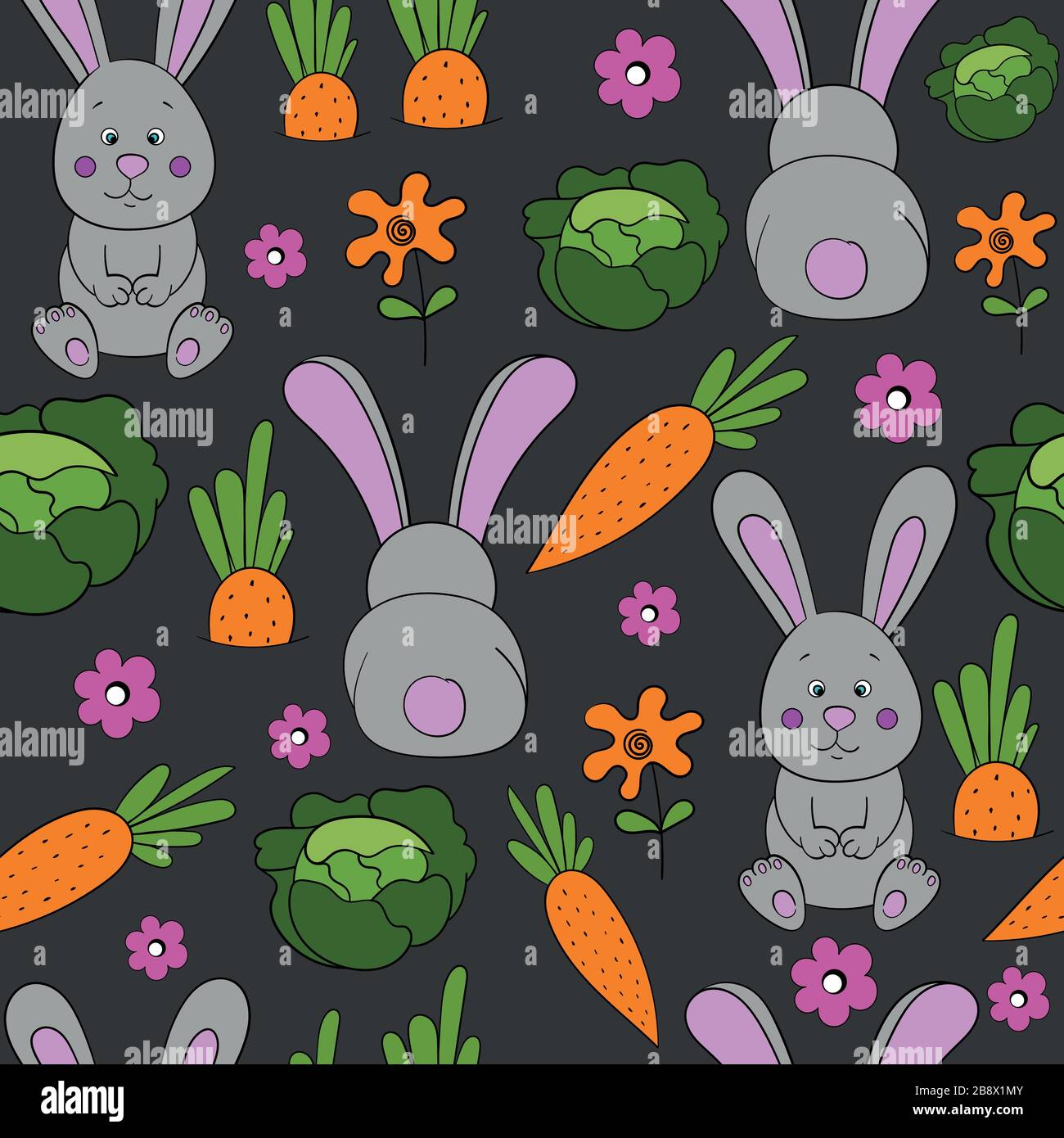 Seamless pattern with colored rabbits, flowers, carrots and cabbage on a gray background. Vector illustration. Stock Vector
