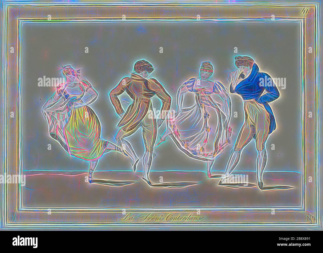 Hand colored etching with roulette on cream laid paper hires stock