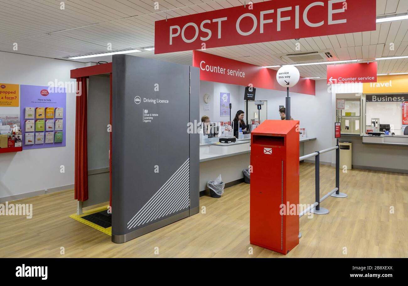 Interior, with no customers, of the Post Office in Bromsgrove, Worcestershire Stock Photo