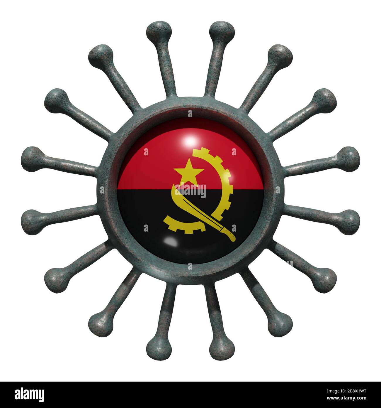 3d rendering of a national Angola flag over a virus covid19. Concept of ...
