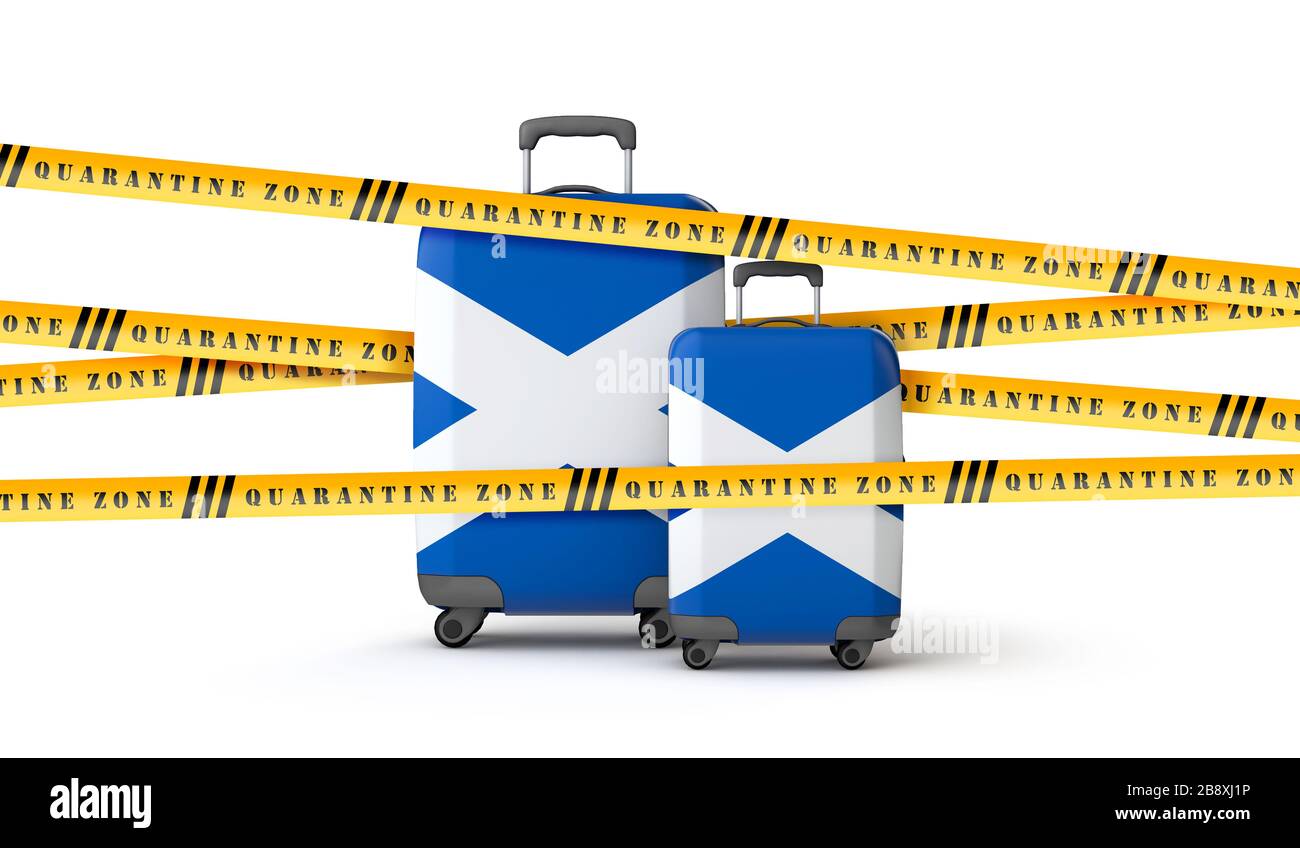 Scotland flag suitcase covered in quarantine zone tape. 3D Render Stock