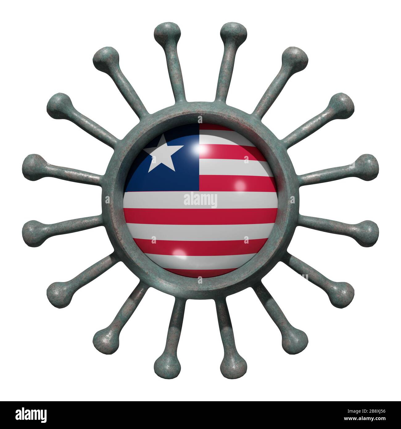 3d rendering of a national Liberia flag over a virus covid19. Concept ...