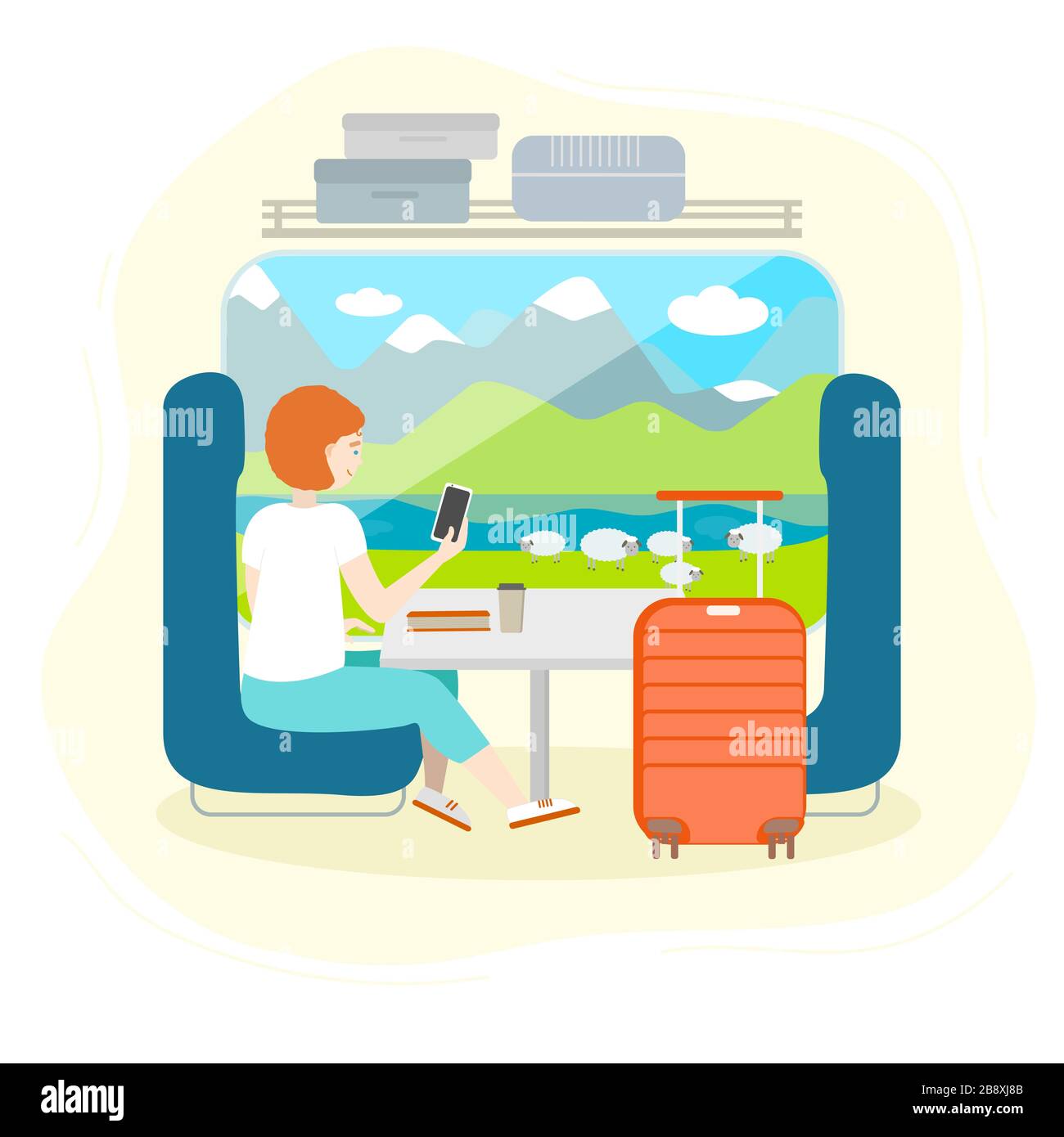 Vector illustration of a girl in a train looking out the window and taking pictures of a beautiful view of the mountains and a sheeps Stock Vector