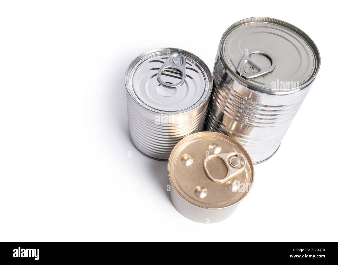 Canned food on white background. Top view Stock Photo