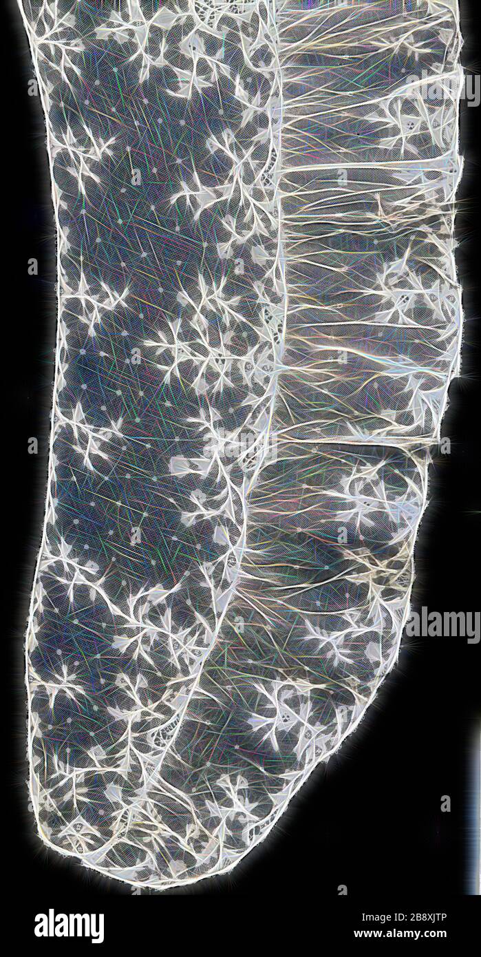 Fichu with Frilled Outer Edge, 1850/75, Ireland, Carrickmacross, Carrickmacross, Cotton, machine-made net, appliquéd with plain weave, cut and drawn work filled with buttonhole bars decorated with buttonhole picots and darned points, embroidered in cross, darning, and overcast stitches, decorated with buttonhole wheels, 56.8 × 154.2 cm (22 3/8 × 60 3/4 in.), Reimagined by Gibon, design of warm cheerful glowing of brightness and light rays radiance. Classic art reinvented with a modern twist. Photography inspired by futurism, embracing dynamic energy of modern technology, movement, speed and re Stock Photo