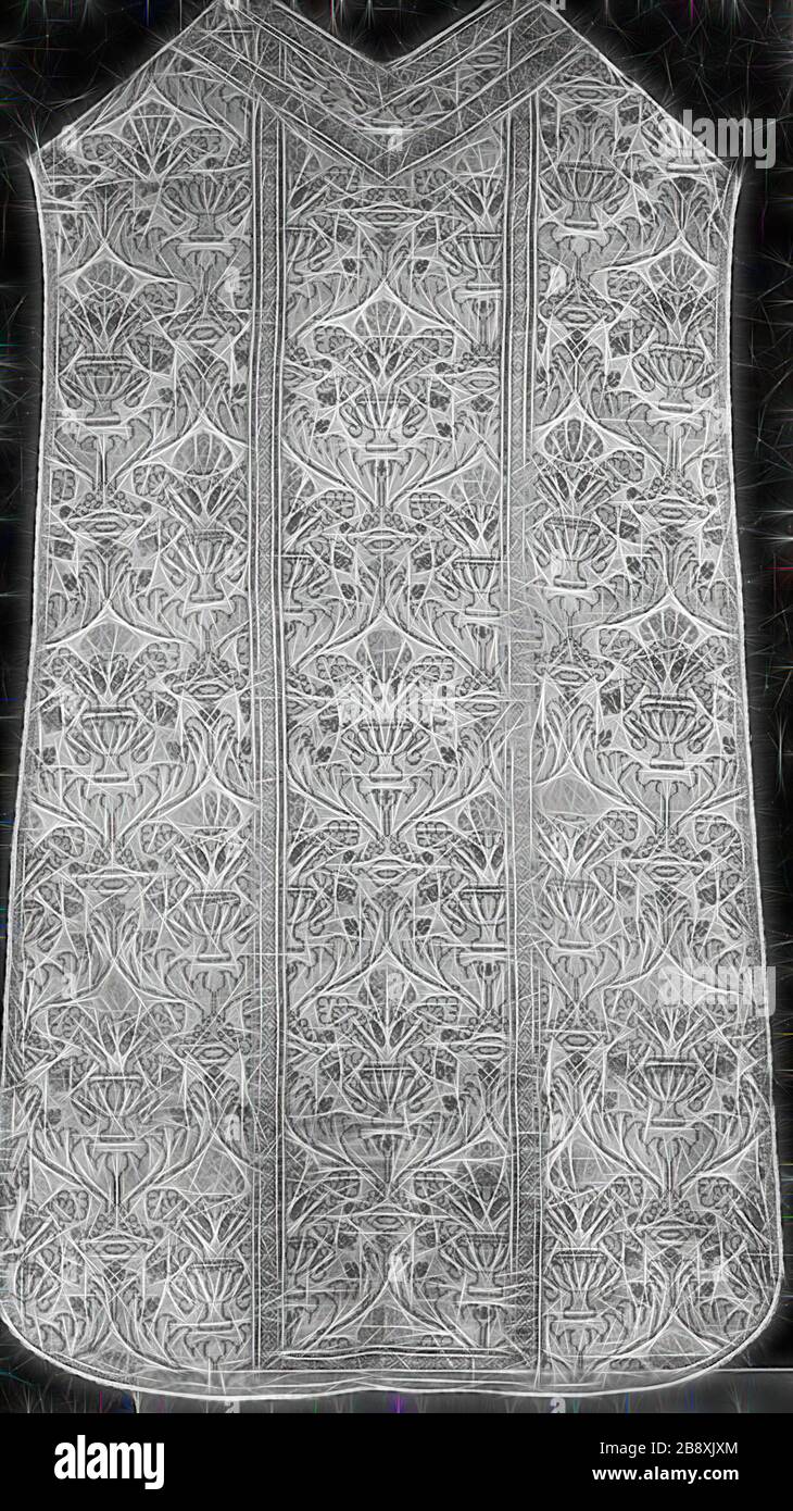 Chasuble, 16th century, Italy, Silk, plain weave with supplementary patterning wefts and plain interlacings of secondary binding warps and silvered-metal strip supplementary facing and some supplementary patterning wefts, tapes of silk, gilt-metal strips, and gilt-metal-strip-wrapped silk, inner tape: plain weave with supplementary patterning warps, edge tape: plain weave self-patterned by warp and weft floats, lined with linen, plain weave, glazed, 116.8 x 69.4 cm (45 7/8 x 27 1/4 in.), Reimagined by Gibon, design of warm cheerful glowing of brightness and light rays radiance. Classic art rei Stock Photo