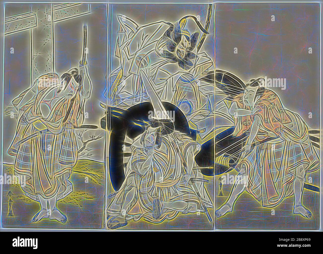 The Actors Nakajima Mihoemon II as Fujiwara no Shihei, Minister of the Left (center, in the carriage), Ichikawa Ebizo III as Matsuo-maru (center, kneeling on the ground), Ichikawa Yaozo II as Sakura-maru (right), and Ichimura Uzaemon IX as Umeo-maru (left), in the Carriage Stopping (Kuruma-biki) Scene from the Play Sugawara Denju Tenarai Kagami (Sugawara’s Secrets of Calligraphy), Performed at the Ichimura Theater from the Sixteenth Day of the Seventh Month, 1776, c. 1776, Katsukawa Shunsho ?? ??, Japanese, 1726-1792, Japan, Color woodblock print, hosoban triptych, 31.2 x 14.4 cm (12 5/16 x 5 Stock Photo
