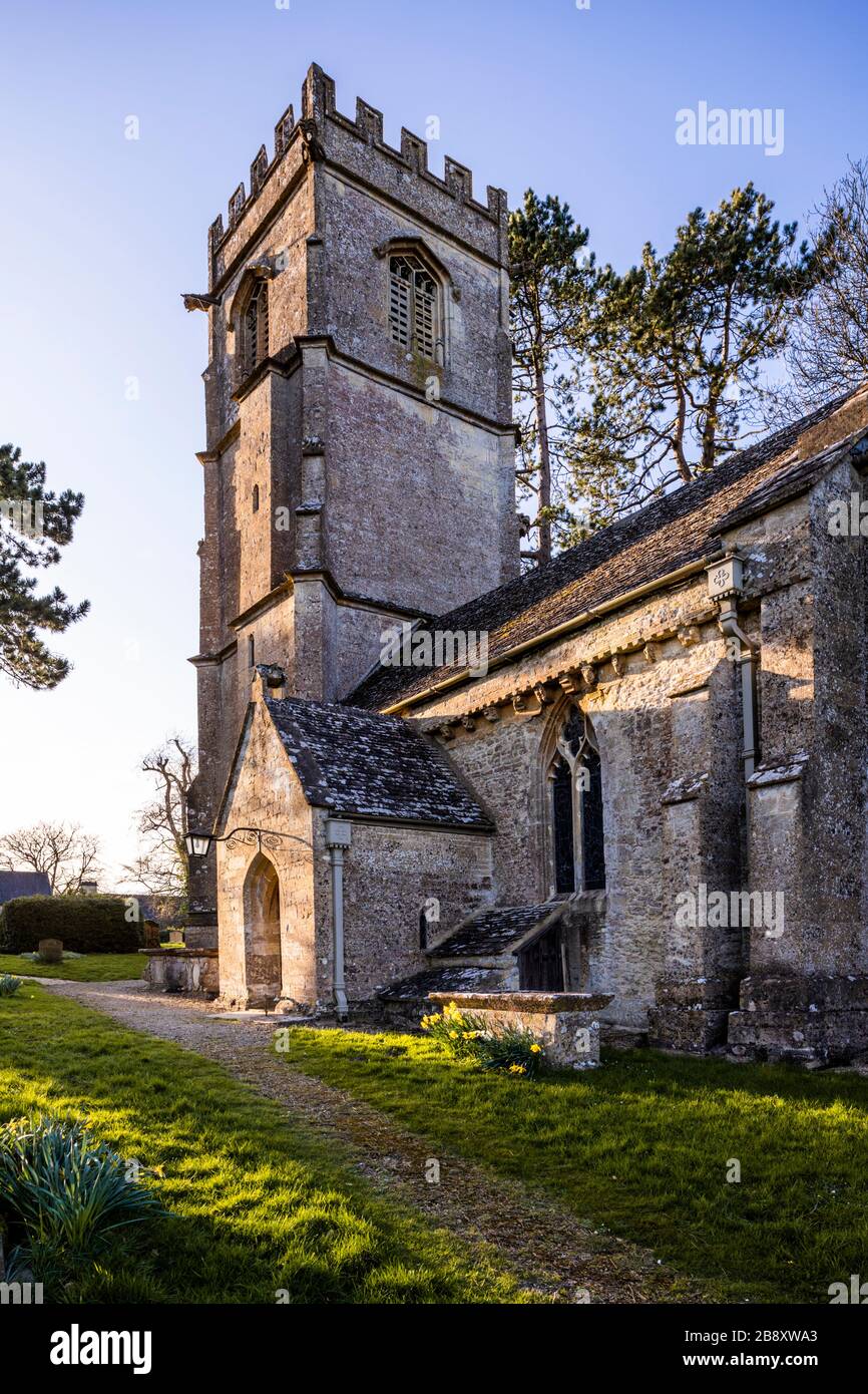 Evening light in springtime on St Johns church in the Cotswold village ...