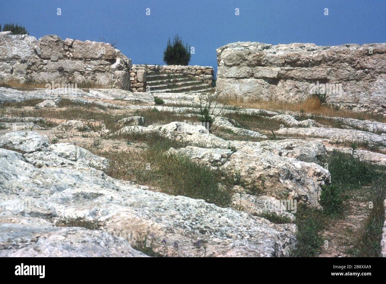 Remains of the spectacular, cliff-top palace of Vouni in Northern Cyprus. Built around 500BC while the area was under Persian control, it was later taken over by Greeks. Around 400BC the site was reclaimed by the Persians after the palace was destroyed in a fire. Stock Photo