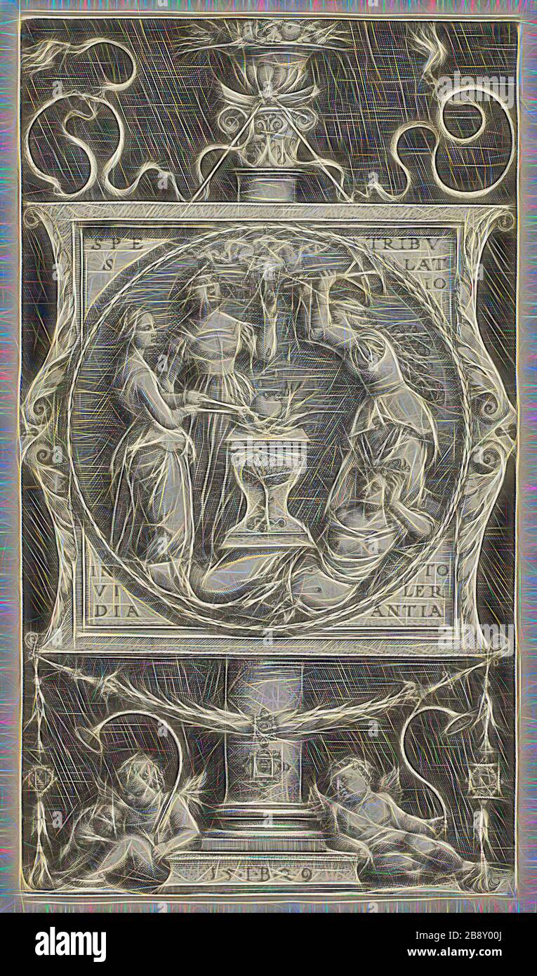 Bookplate of Willibald Pirckheimer, 1529, Master I.B. (possibly Georg Pencz, German, c. 1500-1550), after Albrecht Dürer (German, 1471-1528), Germany, Engraving in black on ivory laid paper, 150 x 85 mm (image/plate/sheet), Reimagined by Gibon, design of warm cheerful glowing of brightness and light rays radiance. Classic art reinvented with a modern twist. Photography inspired by futurism, embracing dynamic energy of modern technology, movement, speed and revolutionize culture. Stock Photo