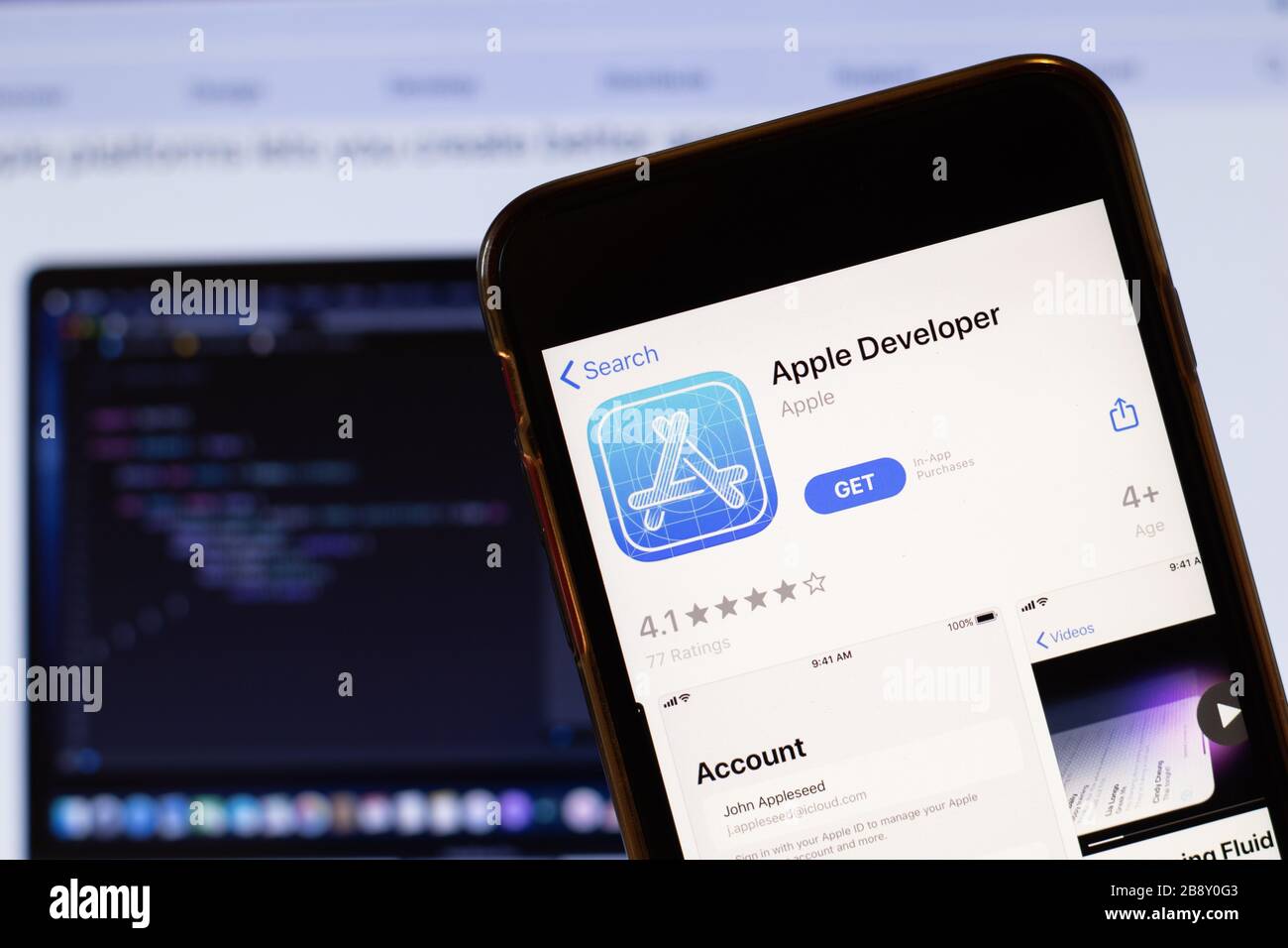 Los Angeles, California, USA - 24 March 2020: Apple Developer app logo on phone screen close up with website on background with icon, Illustrative Stock Photo