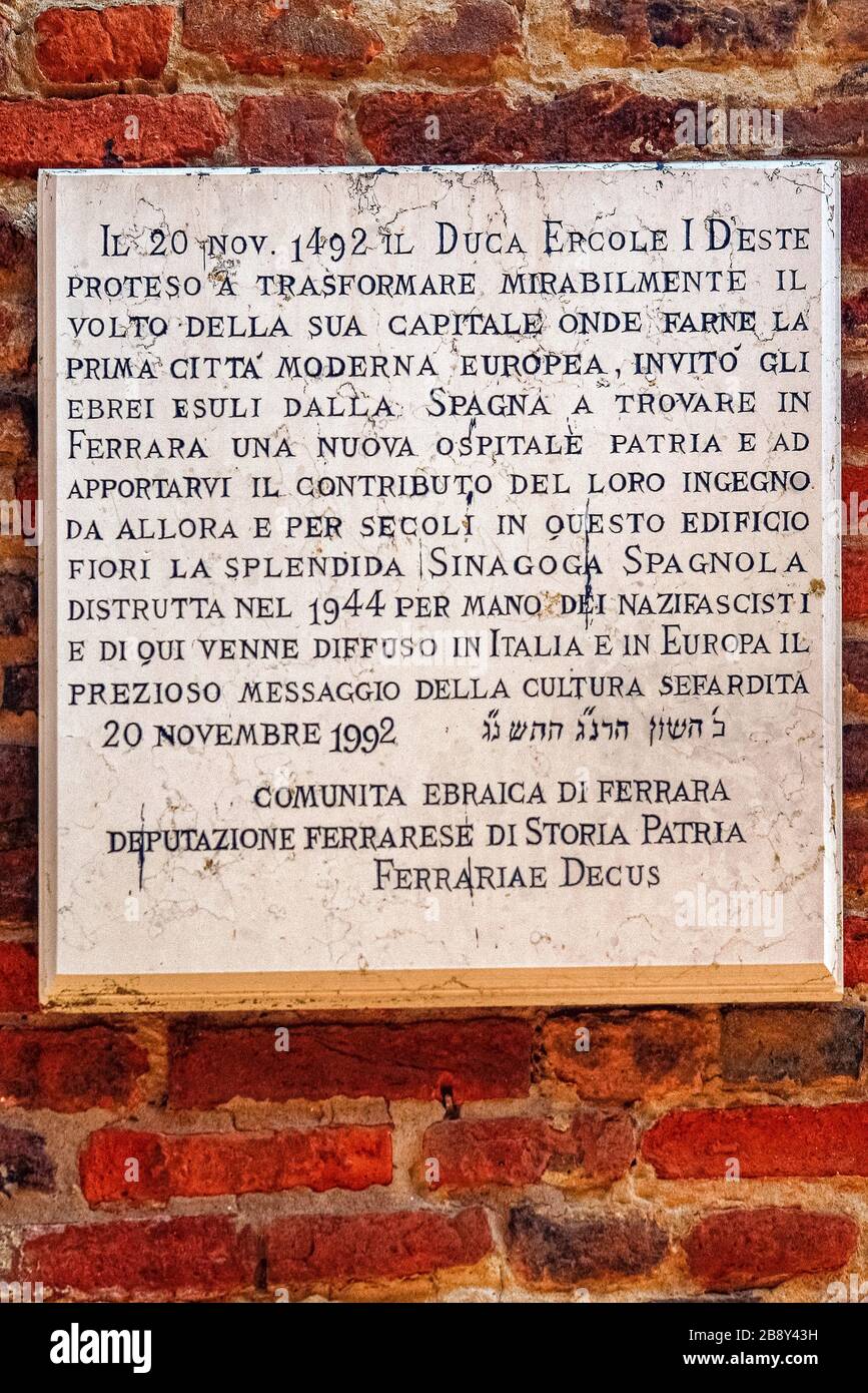 Italy Emilia Romagna Ferrara - Epigraph of the shoah Stock Photo