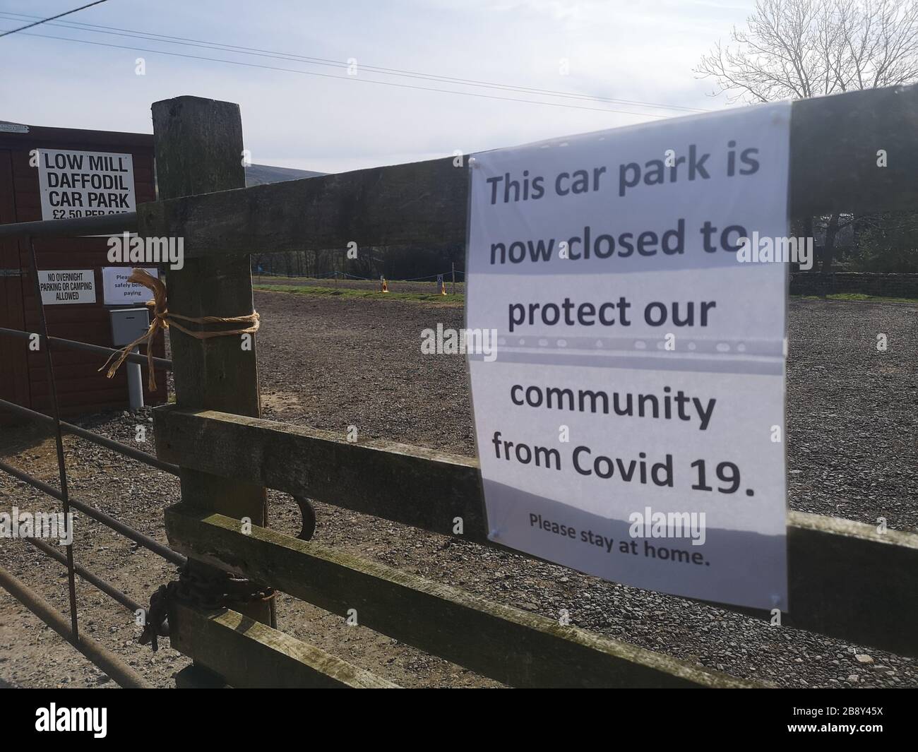 Coronavirus closes Farndale Car Parks, North York Moors. The community who runs the car park, is deterring tourists to visit. Stock Photo