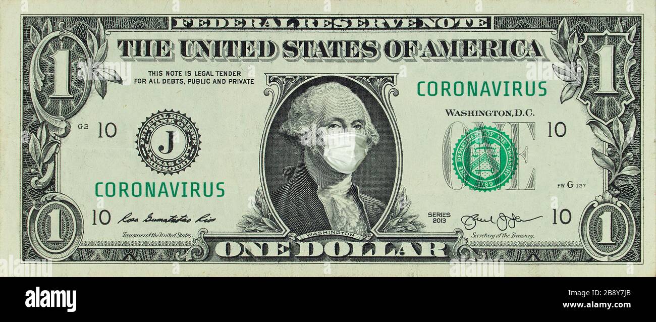 COVID-19 coronavirus in America. One dollar banknote with Franklin in a medical mask. The global financial and economic crisis has affected USA. Ameri Stock Photo