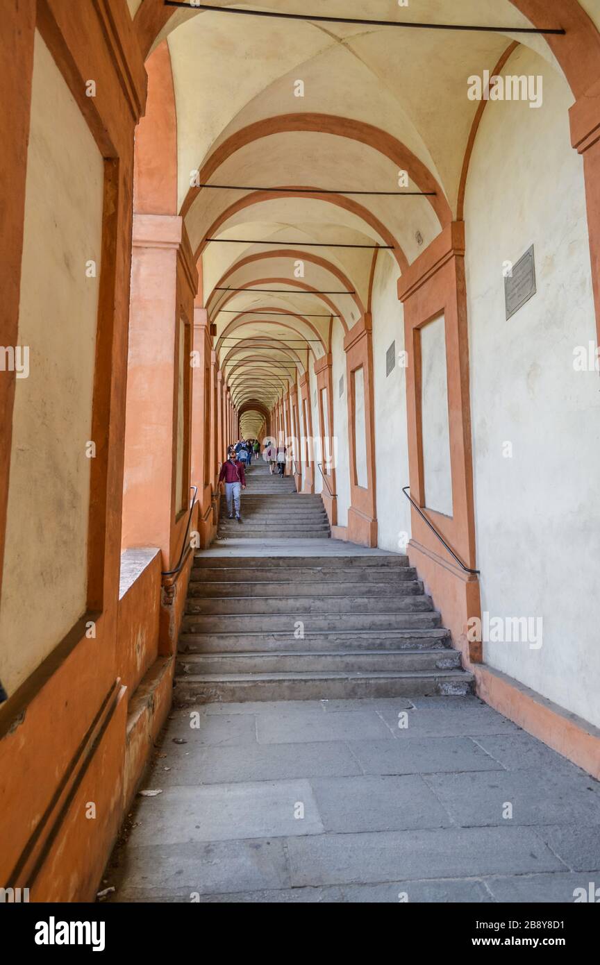 BOLOGNA - APRIL 25, 2017: Interior view inside the Portico di San Luca, a monumental roofed arcade connecting Porta Saragozza with the San Luca church Stock Photo