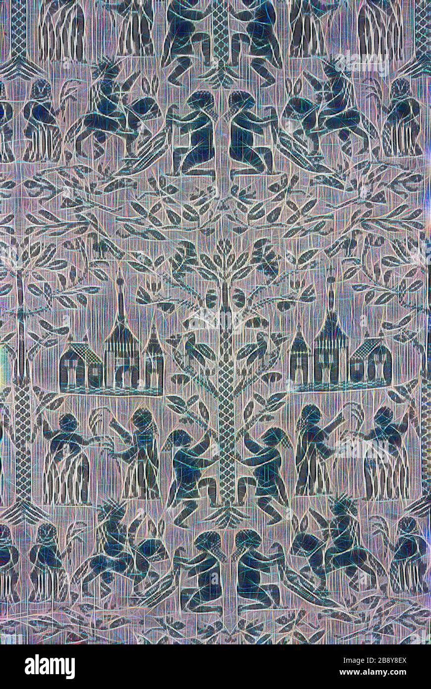 Panel Showing Christ’s Entrance into Jerusalem, 17th century, Germany, Schleswig-Holstein (from North Friesland, Bredstedt), Schleswig-Holstein, Linen and wool, plain weave, tied and free double cloth, 143.9 x 81.7 cm (56 5/8 x 32 1/8 in.), Reimagined by Gibon, design of warm cheerful glowing of brightness and light rays radiance. Classic art reinvented with a modern twist. Photography inspired by futurism, embracing dynamic energy of modern technology, movement, speed and revolutionize culture. Stock Photo