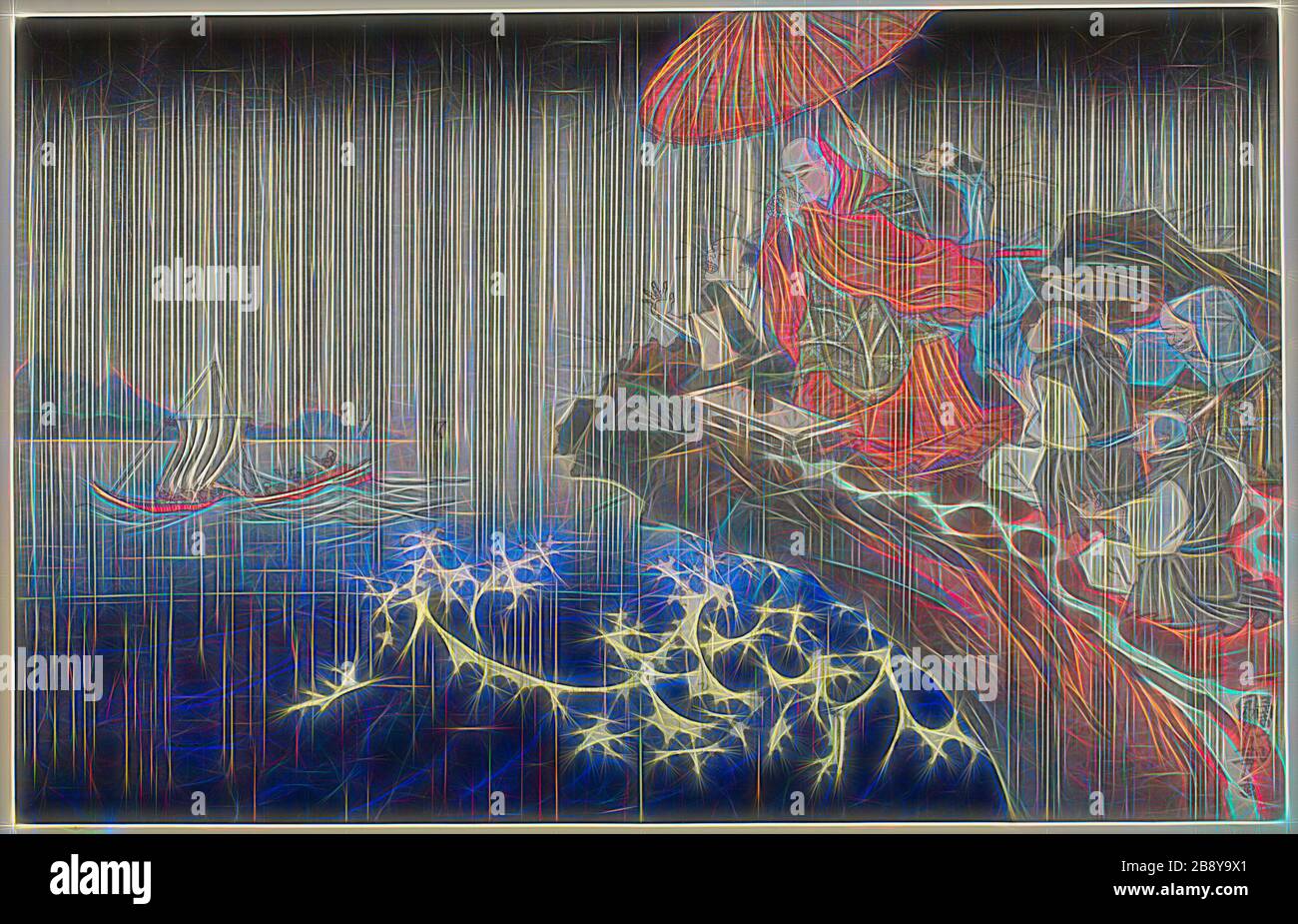 Praying for Rain at Ryozengasaki in Kamakura, 1271 (Bun’ei hachi Kamakura Ryozengasaki ame inoru), from the series Concise Illustrated Biography of the Great Priest [Nichiren] (Koso go ichidai ryakuzu), c. 1830/35, Utagawa Kuniyoshi, Japanese, 1797-1861, Japan, Color woodblock print, oban, 21.7 x 34.1 cm (8 9/16 x 13 7/16 in.), Reimagined by Gibon, design of warm cheerful glowing of brightness and light rays radiance. Classic art reinvented with a modern twist. Photography inspired by futurism, embracing dynamic energy of modern technology, movement, speed and revolutionize culture. Stock Photo