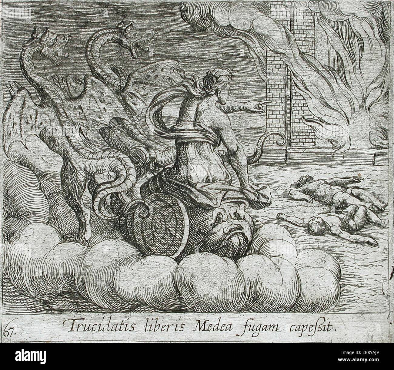 'Medea Destroying Jason's Family and Home; English:  Italy, published 1606 Alternate Title: Trucidatis liberis Medea fugam capessit Series: The Metamorphoses of Ovid, pl. 67 Edition: Second edition Prints; etchings Etching Los Angeles County Fund (65.37.150) Prints and Drawings; Published 1606; ' Stock Photo