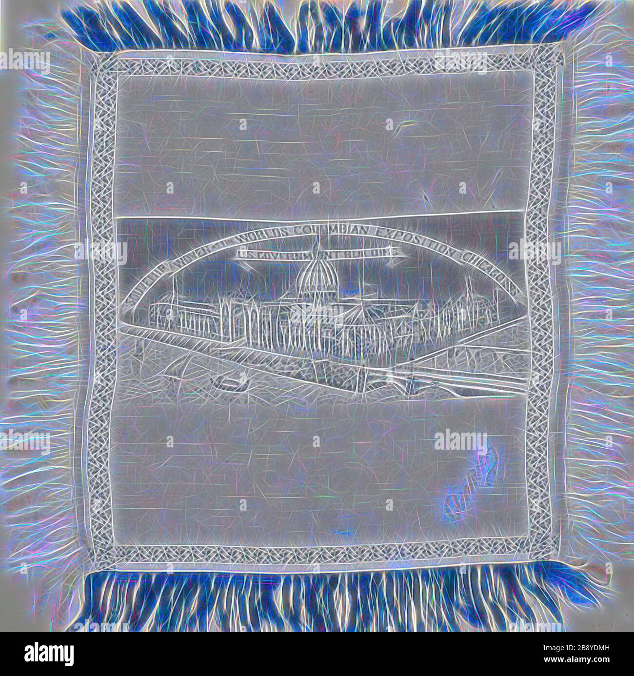 Scarf Commemorating the World’s Columbian Exposition, 1893, United States, Illinois, Chicago, Chicago, Silk, weft-float faced satin weave self-patterned by main warp floats and areas of plain interlacing, extended ground weft cut fringe, woven on loom with Jacquard attachment, signature embroidered in couching, 34.3 × 34 cm (13 1/2 × 13 3/8 in.), Reimagined by Gibon, design of warm cheerful glowing of brightness and light rays radiance. Classic art reinvented with a modern twist. Photography inspired by futurism, embracing dynamic energy of modern technology, movement, speed and revolutionize Stock Photo