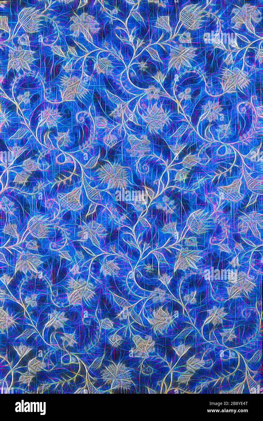 Panel, 1640/60, France, Silk, warp-float faced 7:1 satin weave self-patterned by floats of complementary ground wefts and by areas of plain interlacing, 96.5 × 51.7 cm (38 × 20 3/8 in.), Reimagined by Gibon, design of warm cheerful glowing of brightness and light rays radiance. Classic art reinvented with a modern twist. Photography inspired by futurism, embracing dynamic energy of modern technology, movement, speed and revolutionize culture. Stock Photo