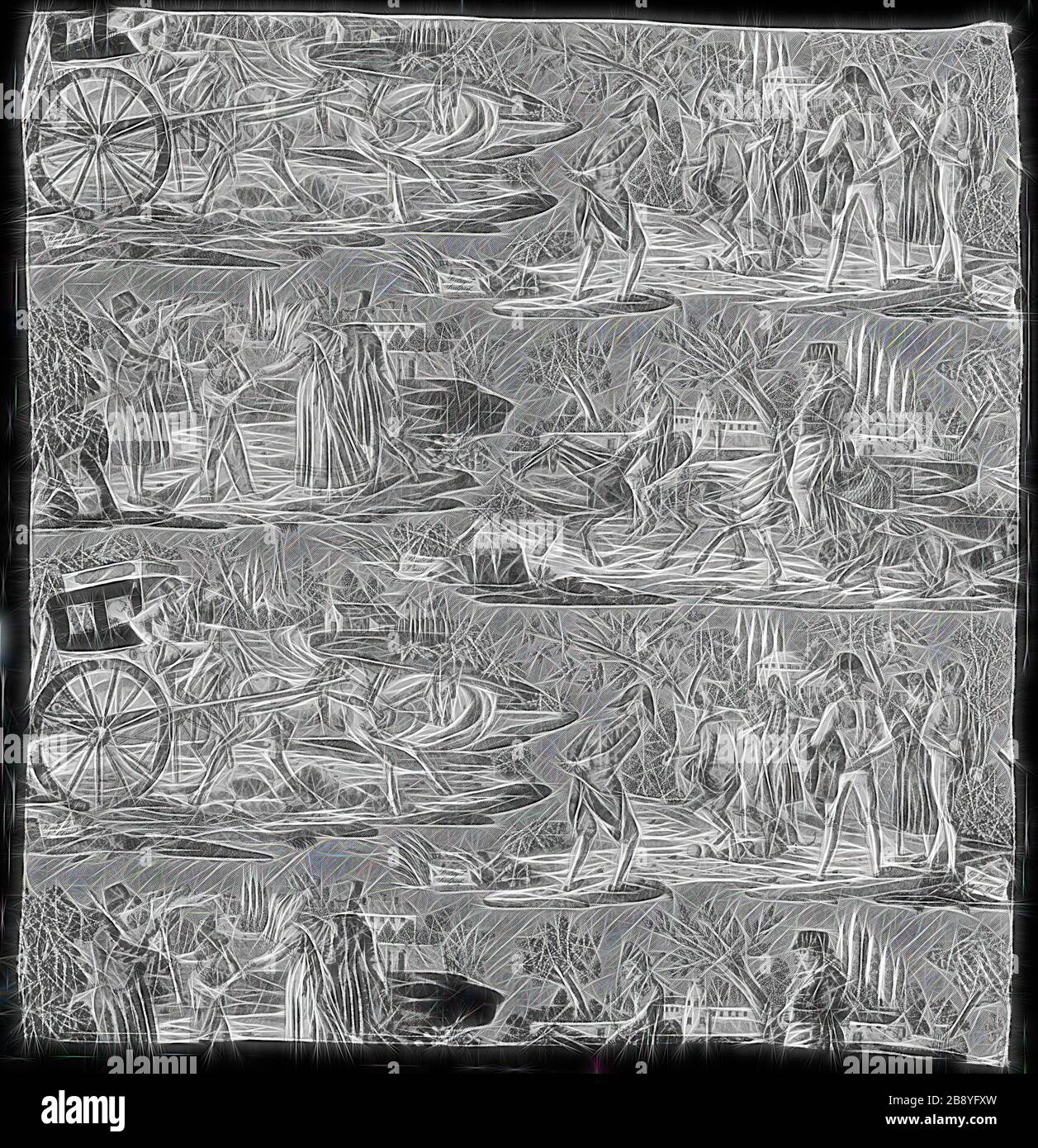 La Route de St. Cloud ou de Poissy (Furnishing Fabric), 1822 or after, Designed by Carle Vernet (French, 1758–1836) and Delmès (French, founded 1815) engraved by Philibert Louis Debucourt (French, 1755-1831) after Carle Vernet (French 1758-1836), Manufactured by Favre Petitpierre et Cie. (French, 1802-1818), France, Nantes, Nantes, Cotton, plain weave, engraved roller printed, 85.1 x 80.5 cm (33 1/2 x 31 5/8 in.), Reimagined by Gibon, design of warm cheerful glowing of brightness and light rays radiance. Classic art reinvented with a modern twist. Photography inspired by futurism, embracing dy Stock Photo