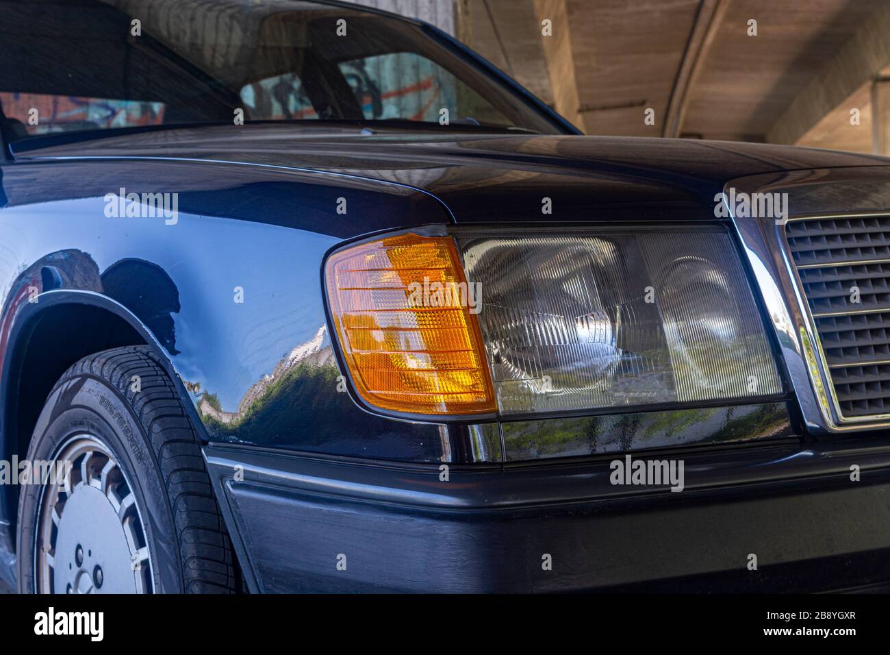 car front, headlights, turntables, wheel close up Stock Photo