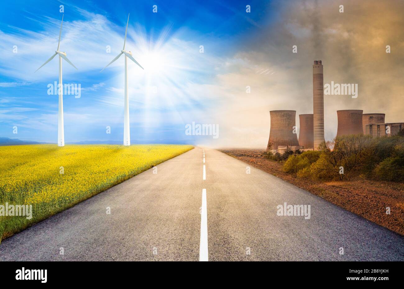 concept image about pollution from power plants and renewable energy on