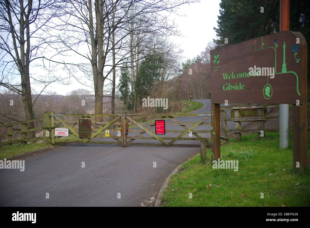 Rowlands Gill, England, 23 March 2020. The gates are closed at Gibside