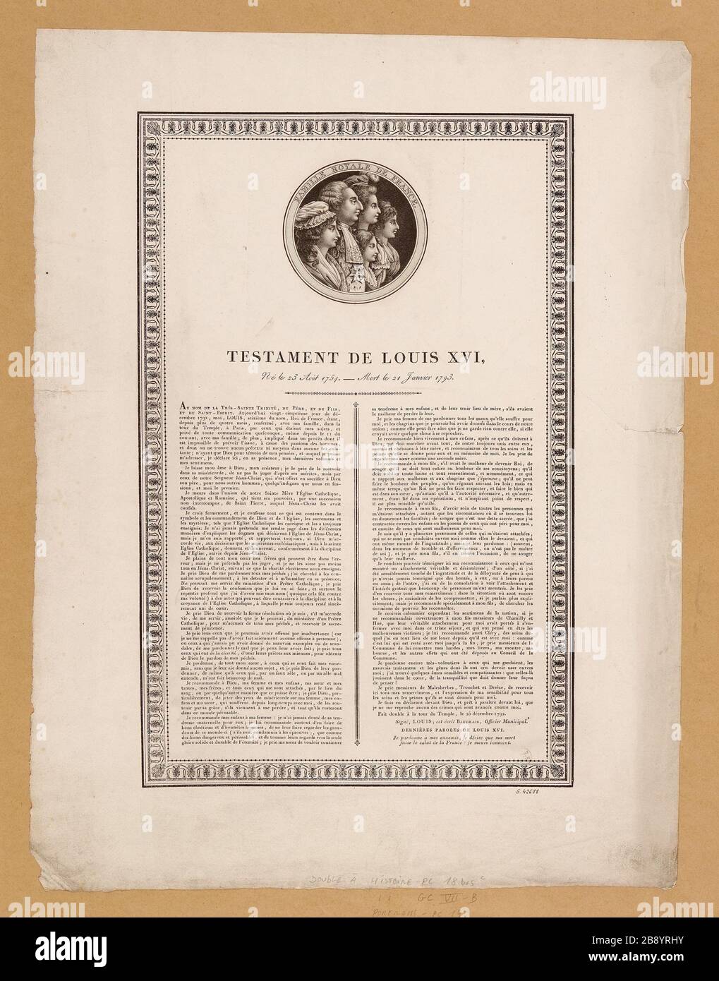 royal family of France. / Testament of Louis XVI / born August 23, 1754