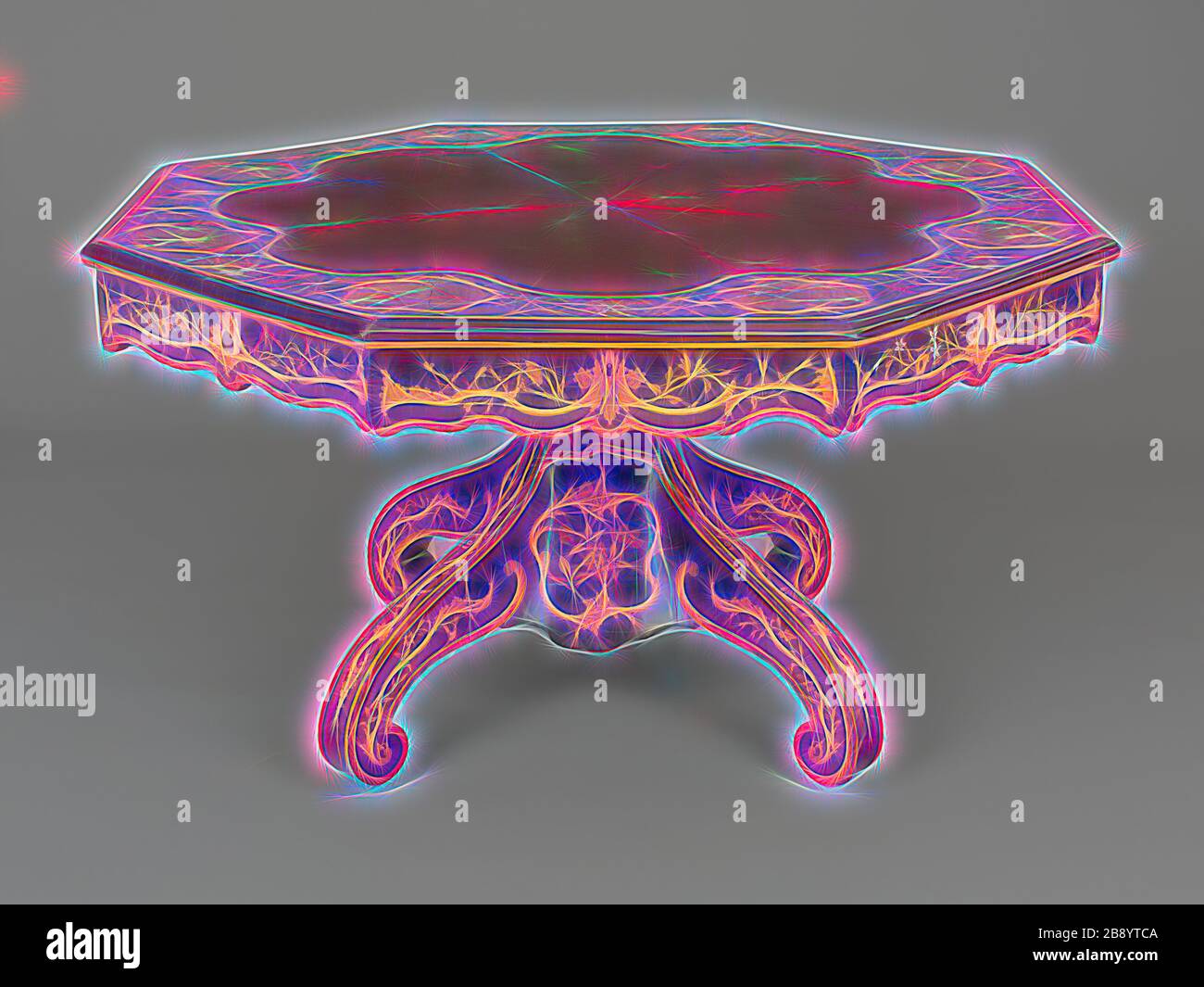 Octagonal Library Table, c. 1840, designed 1832, Attributed to Richard Hicks Bridgens, English, 1785-1846, Made by Edward Holmes Baldock, English, 1777-1845, London, England, London, Ebony, boxwood, kingwood, mahogany, satinwood, pine, cedar, chestnut, tulipwood, and various stained and shaded woods, with ivory, pearl-shell, copper and brass inlay, the carcass of the top and of the drawer linings is mahogany, the carcass of the base pedestal is pine, replacement leather, 74.9 x 137.2 x 148.6 cm (30 x 54 x 58 1/2 in.), Reimagined by Gibon, design of warm cheerful glowing of brightness and light Stock Photo