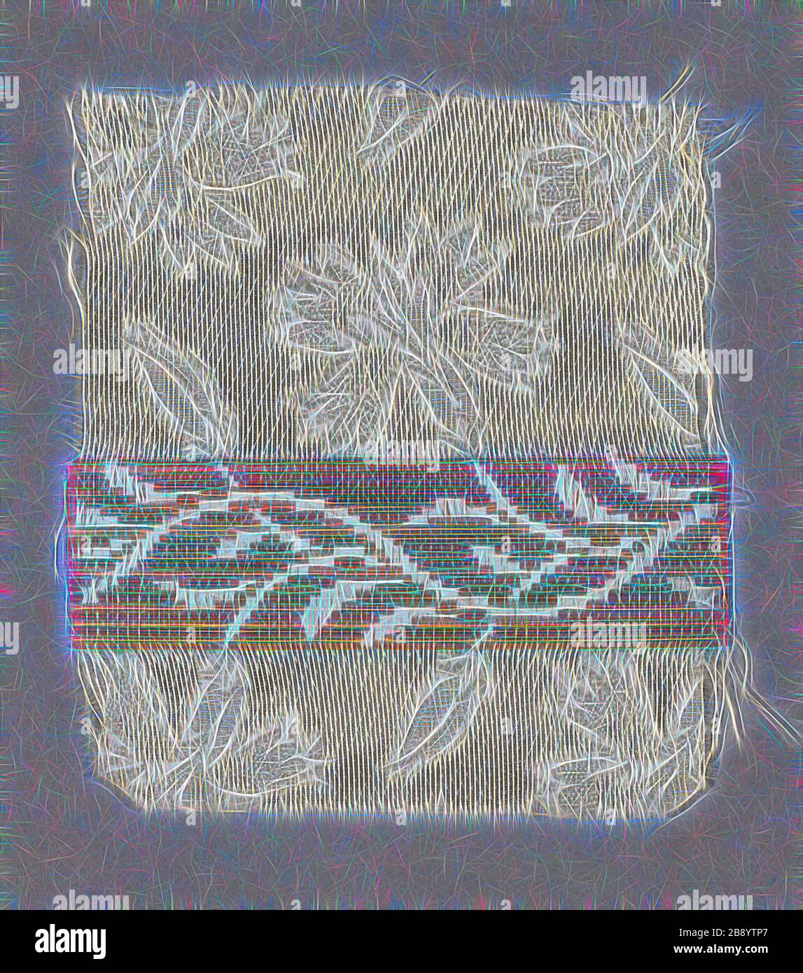 Sample, c. 1835/40, France, Silk and straw, bands of: complex gauze weave self-patterned by areas of plain weave and areas of main warp floats over plain interlacing, and band of weft-float faced satin weave with supplementary facing wefts tied by supplementary binding warps in plain interlacing and self-patterned main warp floats, 8.5 × 7.5 cm (3 3/8 × 3 in.), Reimagined by Gibon, design of warm cheerful glowing of brightness and light rays radiance. Classic art reinvented with a modern twist. Photography inspired by futurism, embracing dynamic energy of modern technology, movement, speed and Stock Photo