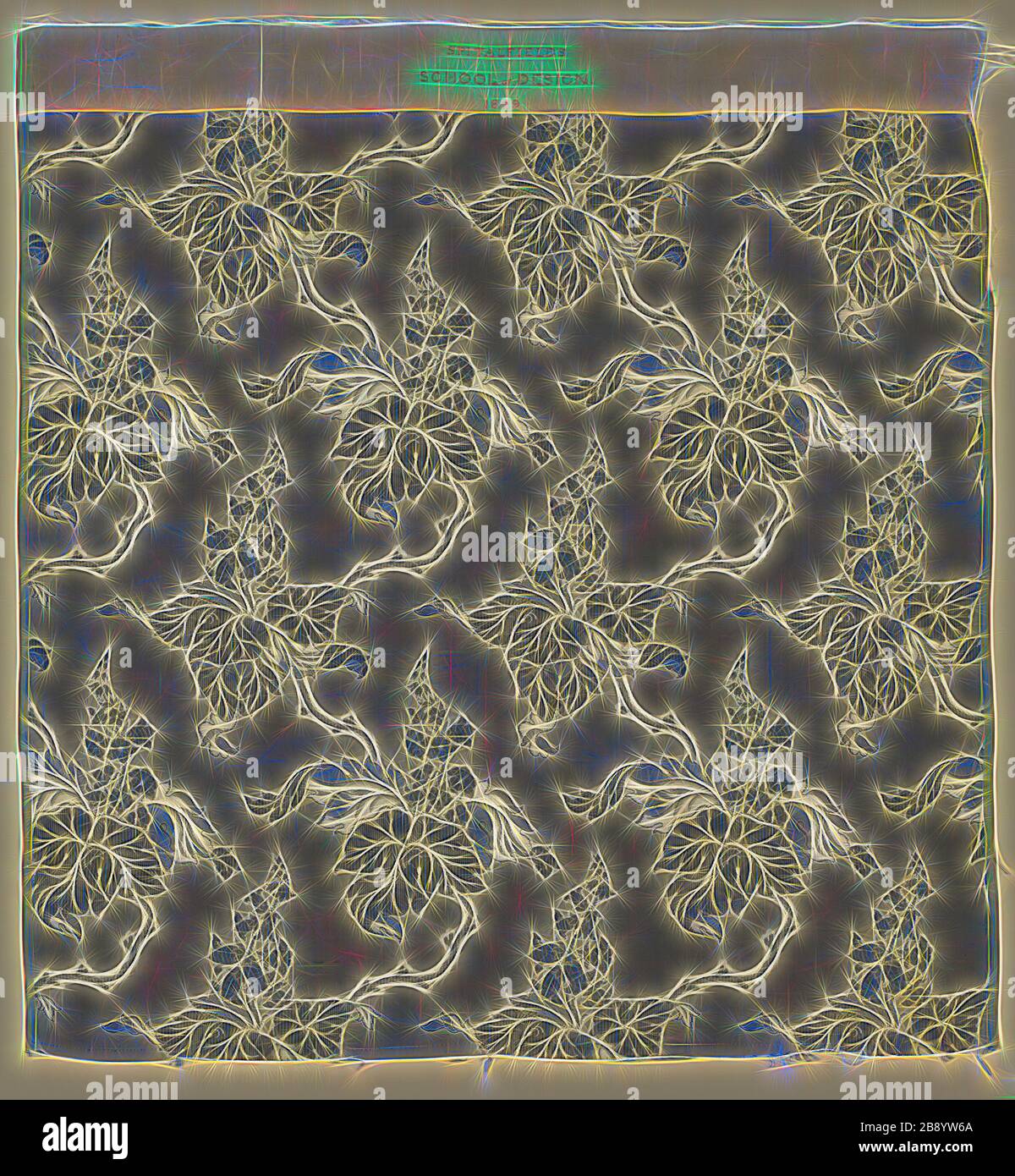 Panel, 1849, England, Spitalfields, Spitalfields, Silk, warp-float faced 7:1 satin weave self-patterned by areas of plain weave and ground weft floats, 72.5 x 67.9 cm (28 1/2 x 26 3/4 in.), Reimagined by Gibon, design of warm cheerful glowing of brightness and light rays radiance. Classic art reinvented with a modern twist. Photography inspired by futurism, embracing dynamic energy of modern technology, movement, speed and revolutionize culture. Stock Photo