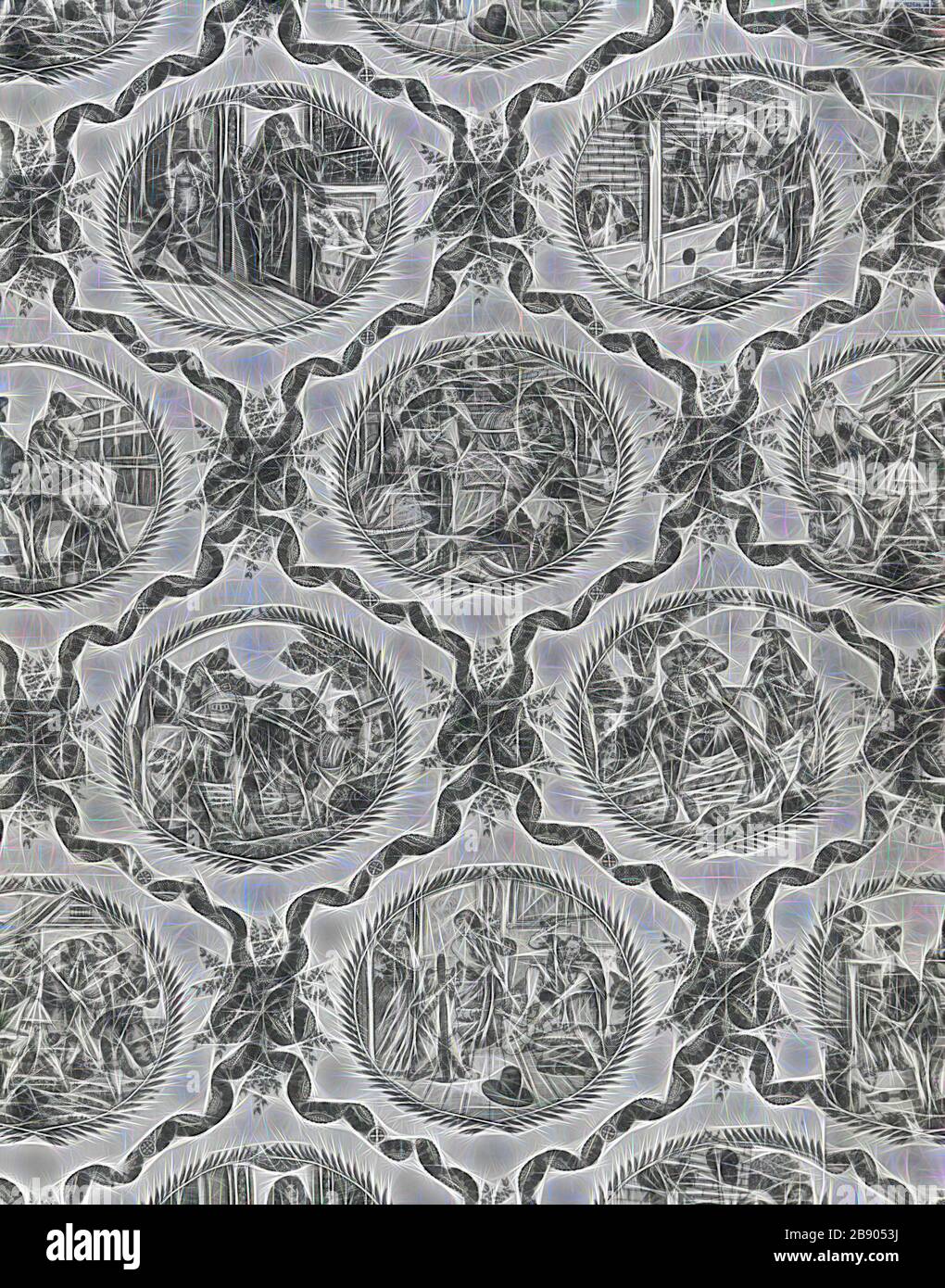 Bedcover, 1780s, Engraved by William Hogarth (English, 1697–1764)  after illustrations by Samuel Butler (English, 1612–1680), England, Cotton, plain weave, copperplate printed, edged and backed with cotton, plain weave, quilted, two and a half panels joined, 251.3 × 172.8 cm (98 7/8 × 68 in.), Reimagined by Gibon, design of warm cheerful glowing of brightness and light rays radiance. Classic art reinvented with a modern twist. Photography inspired by futurism, embracing dynamic energy of modern technology, movement, speed and revolutionize culture. Stock Photo