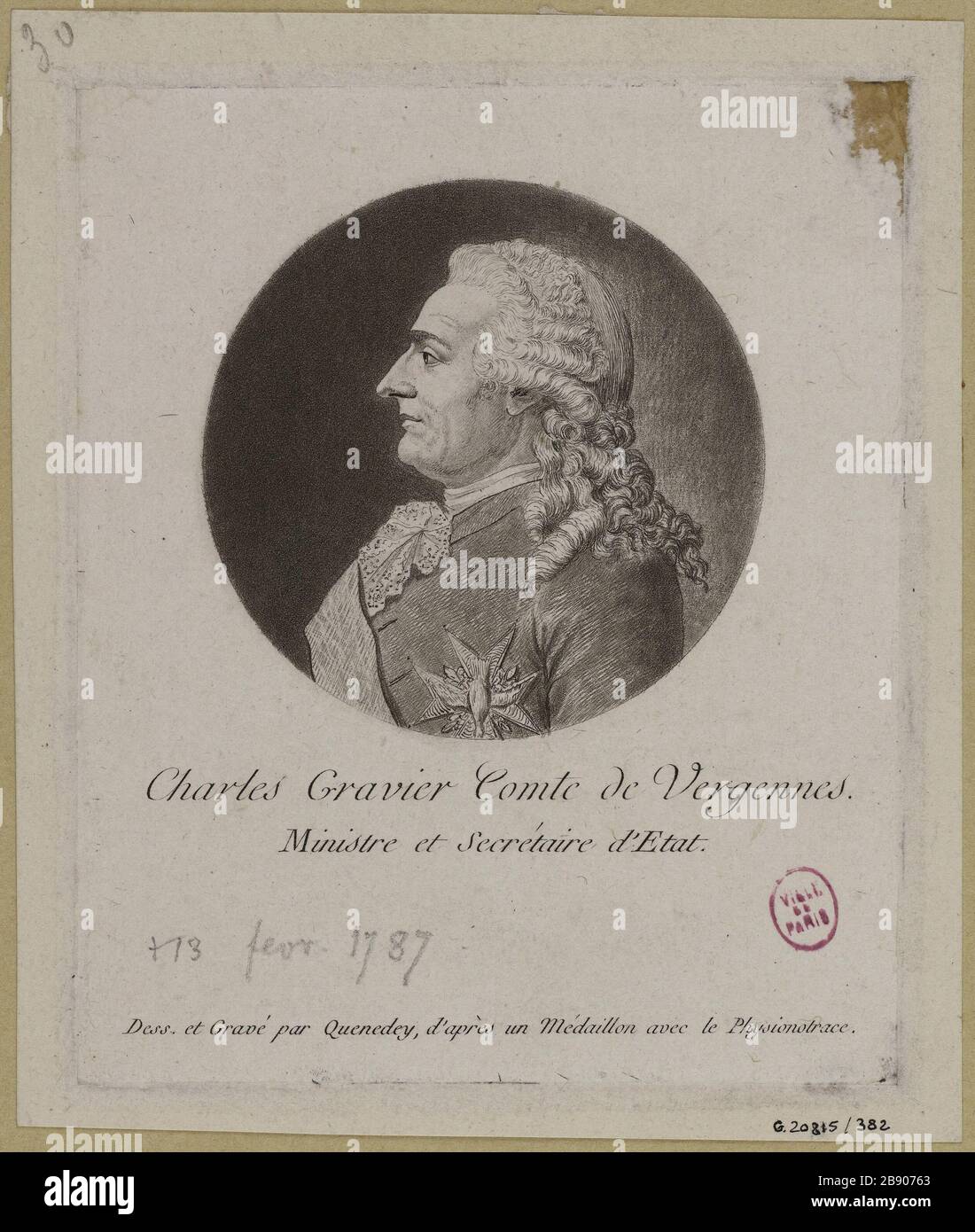 Portrait of Mr. Gravel (Charles), Count de Vergennes, 1717-1787, Minister and Secretary of State. Edmé Quenedey (1756-1830). 'Portrait de Monsieur Gravier (Charles), Comte de Vergennes, 1717-1787, Ministre et Secrétaire d'Etat'. Physionotrace. 1786-1830. Paris, musée Carnavalet. Stock Photo