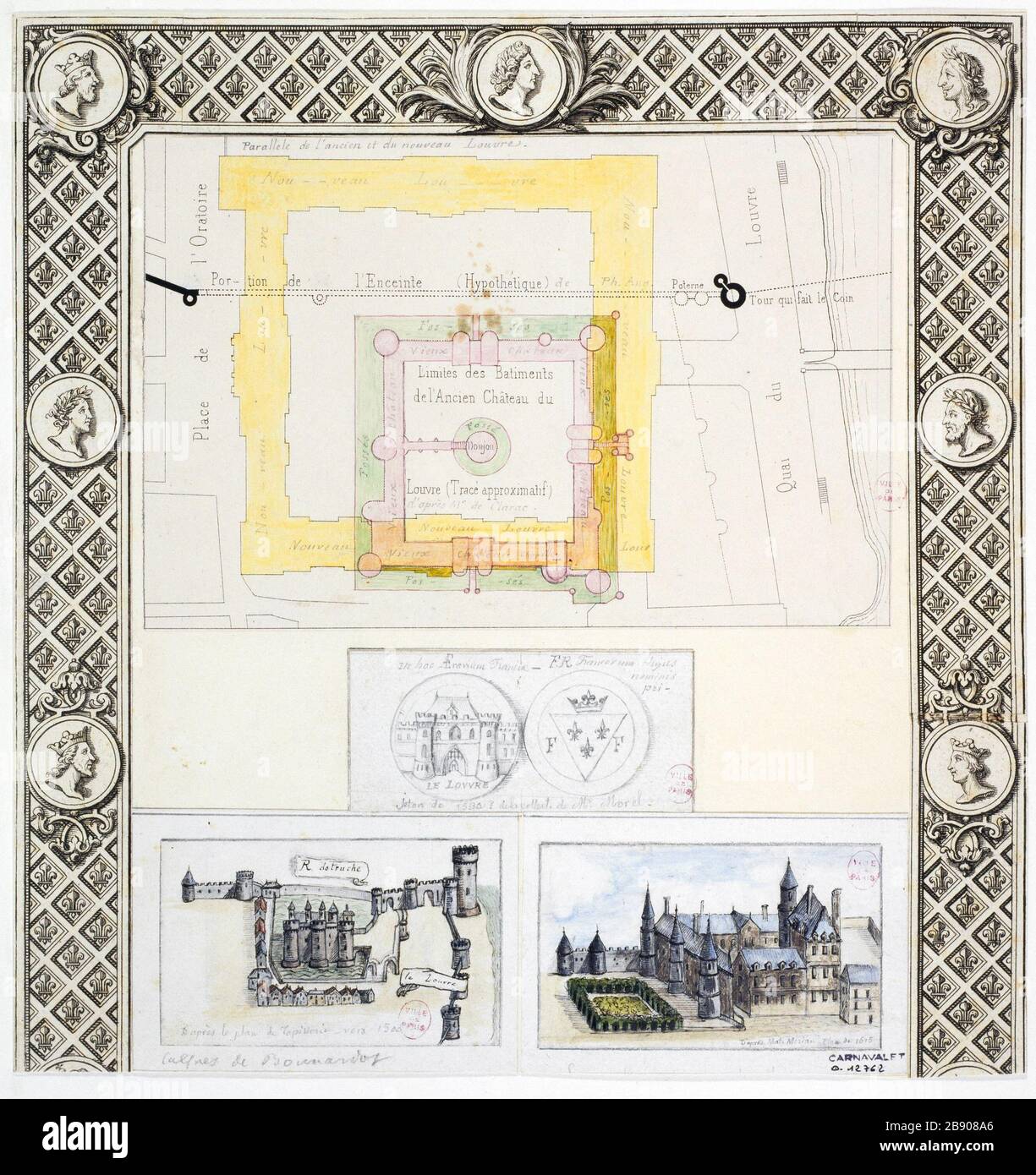 Map and view of the Old Louvre Alfred Bonnardot (1808-1884). Plan et vue du Vieux Louvre. Plume, crayon et aquarelle sur papier crème et sur papiers cartonnés, 1801-1900. Paris, musée Carnavalet. Stock Photo